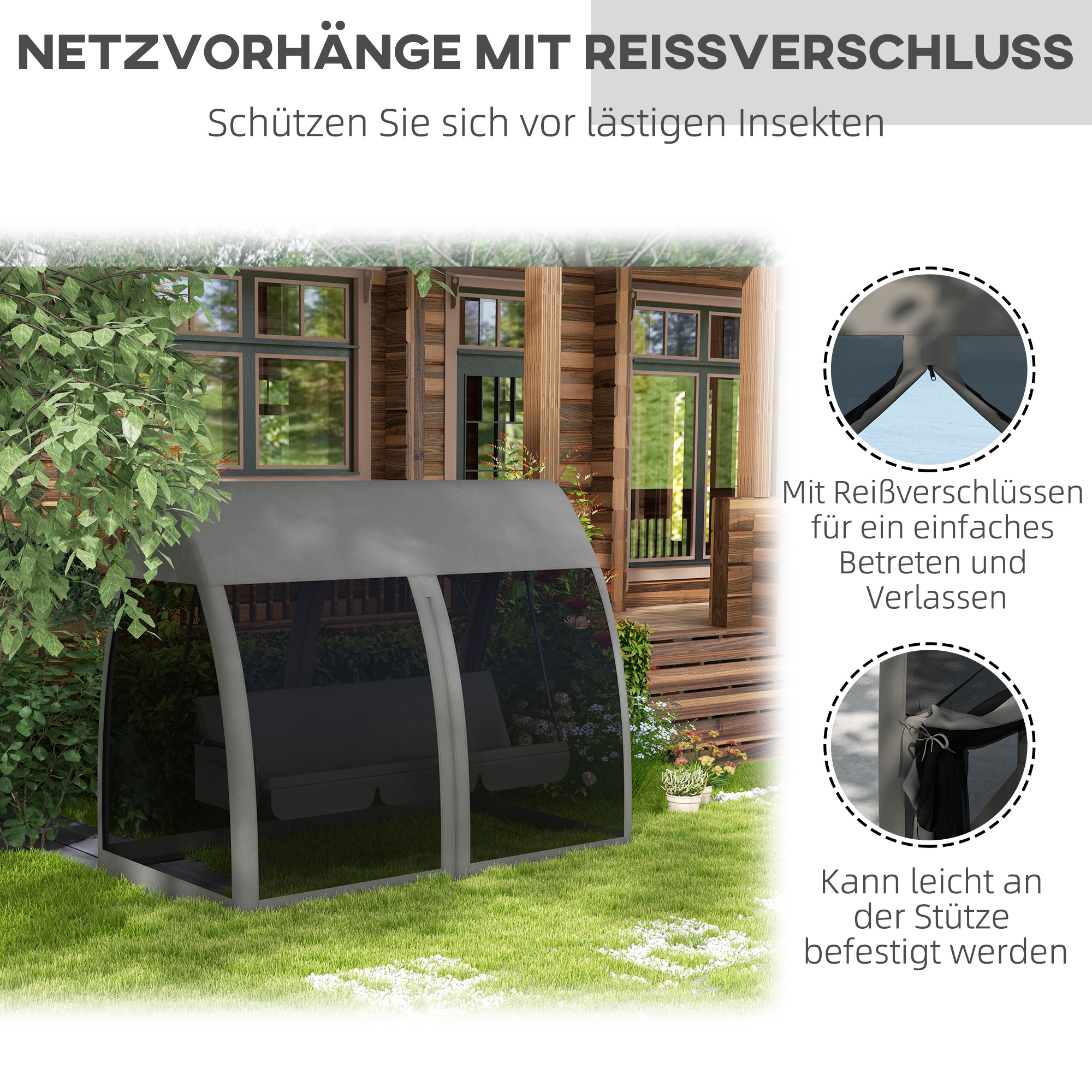 3-Sitzer-Terrassen-Schaukel, Veranda-Schaukel mit Bettfunktion, Hollywoodschaukel mit Mückennetz und Stahlrahmen, Grau