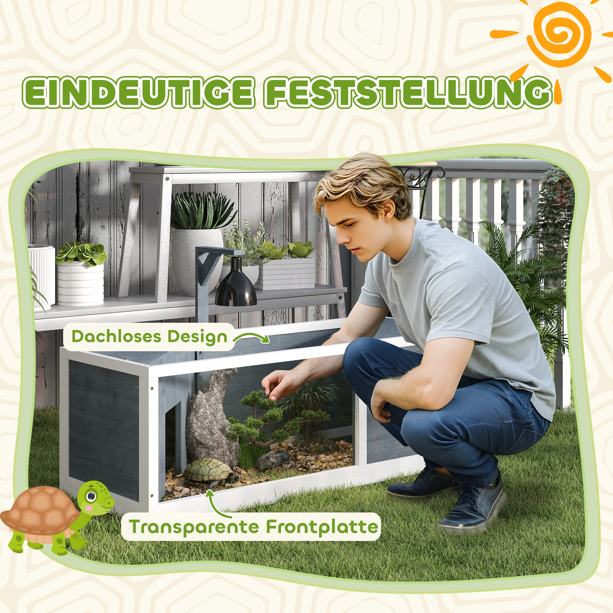 Schildkrötenhaus mit leicht zu öffnender Oberseite, Lampenvorrichtung, transparenter Front, 120 x 50 x 40 cm, Grau