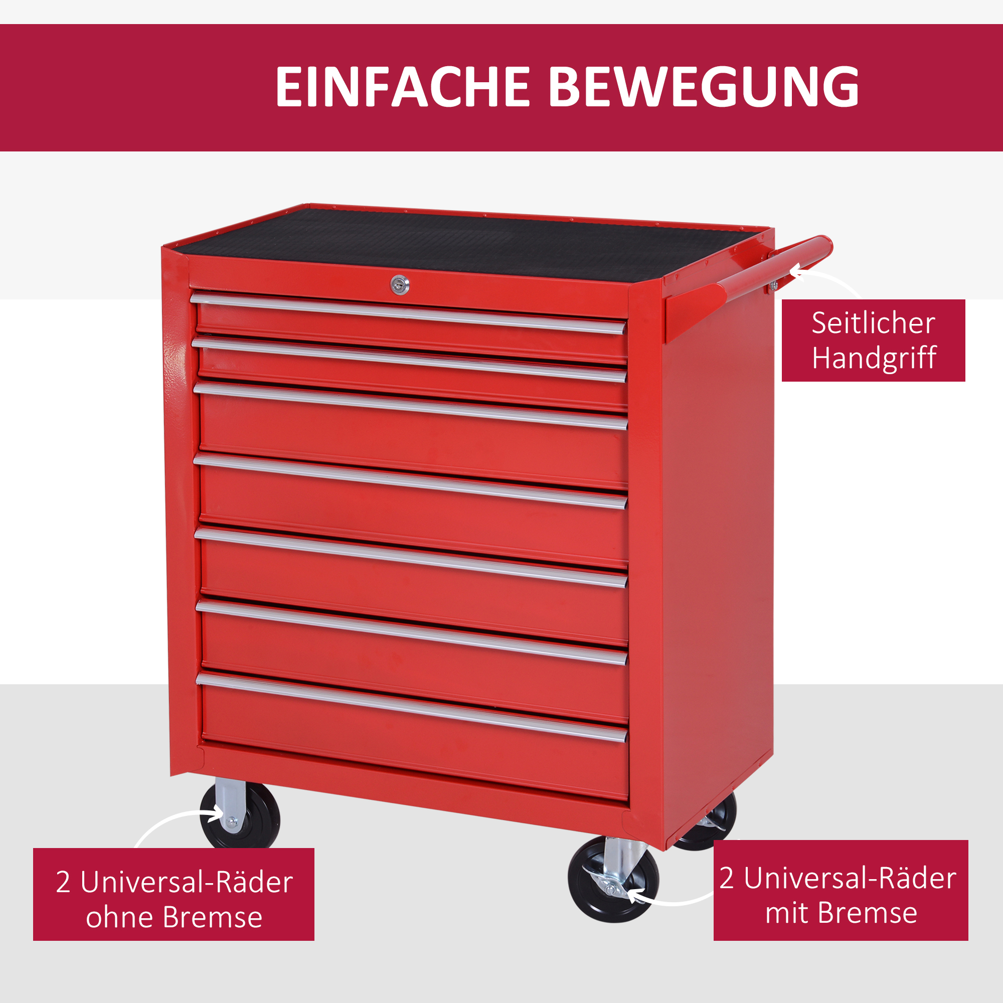 Werkzeugwagen, 2 kleine & 5 große Schubladen, Stahl, bis 150 kg, 69 x 33 x 75 cm, Rot