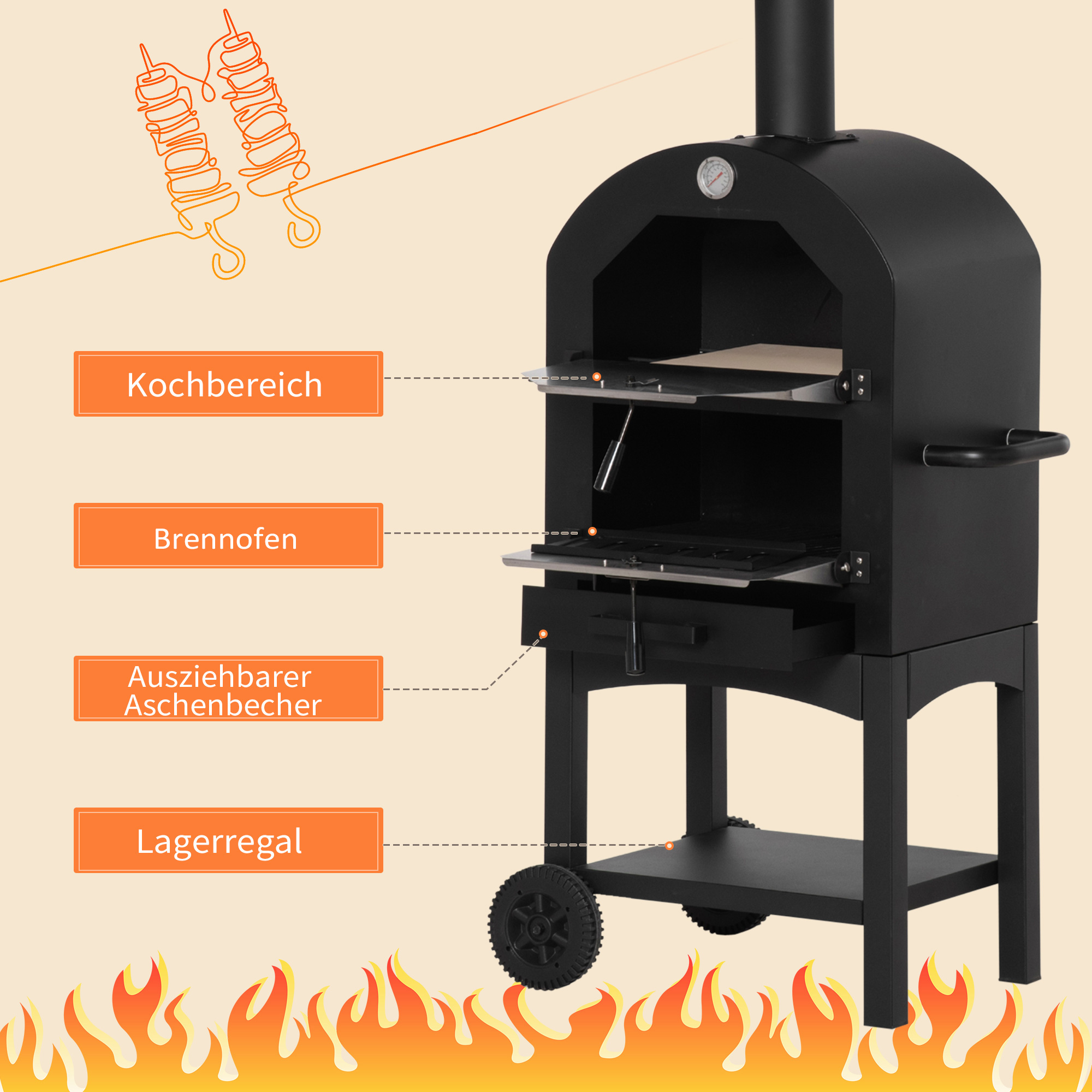 2-In-1 Pizzaofen Outdoor mit Rollen Grillofen mit Schutzhülle Pizzaschaufel 2 Grillnetzen Grillwagen mit Schornstein 3-Tier Holzbackofen für BBQ Stahl Schwarz+Silber 63 x 54 x 161 cm