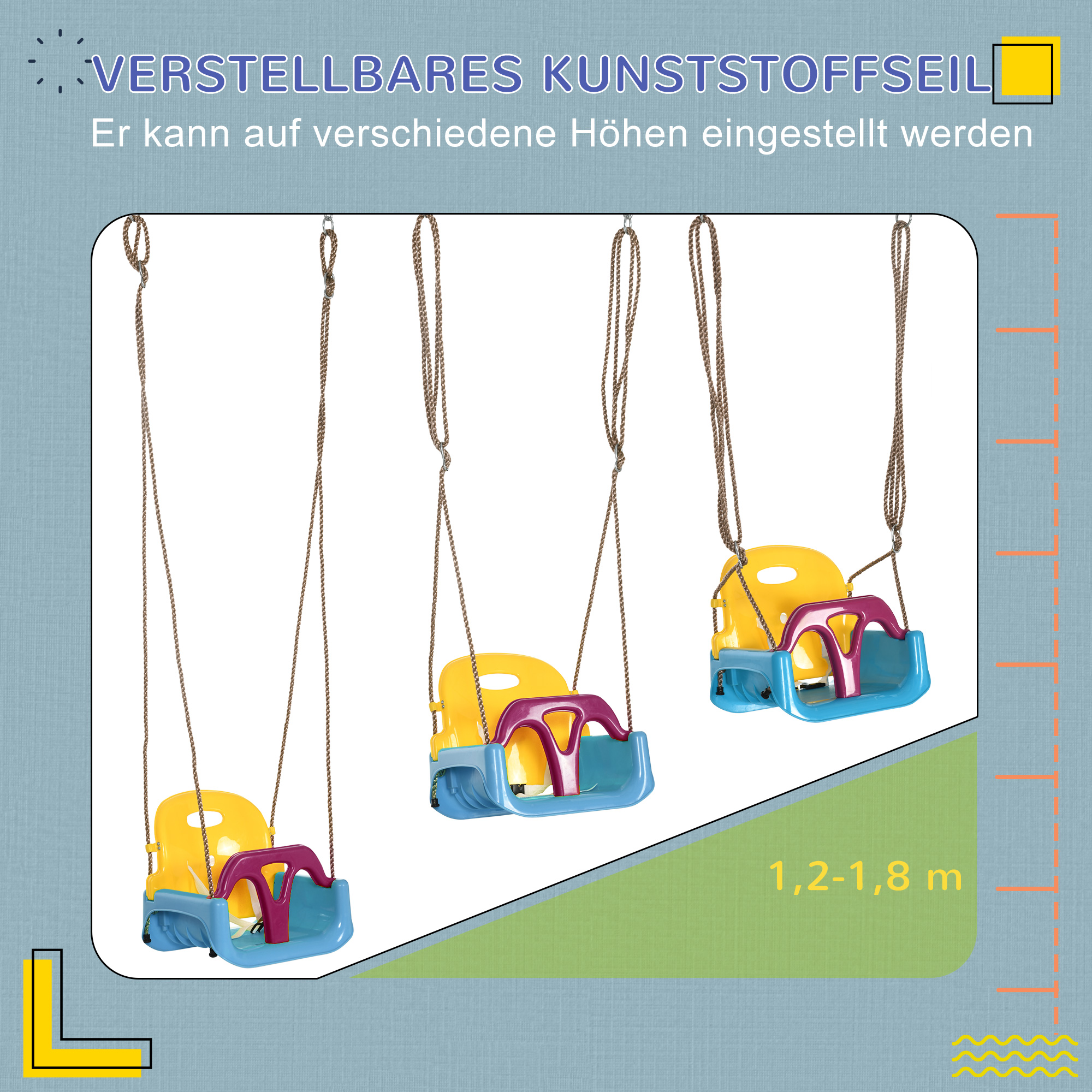 3-in-1 Kinderschaukel, höhenverstellbar, abnehmbare Rücklehne, für In- und Outdoor, blau+gelb, 42 x 33 x 180 cm