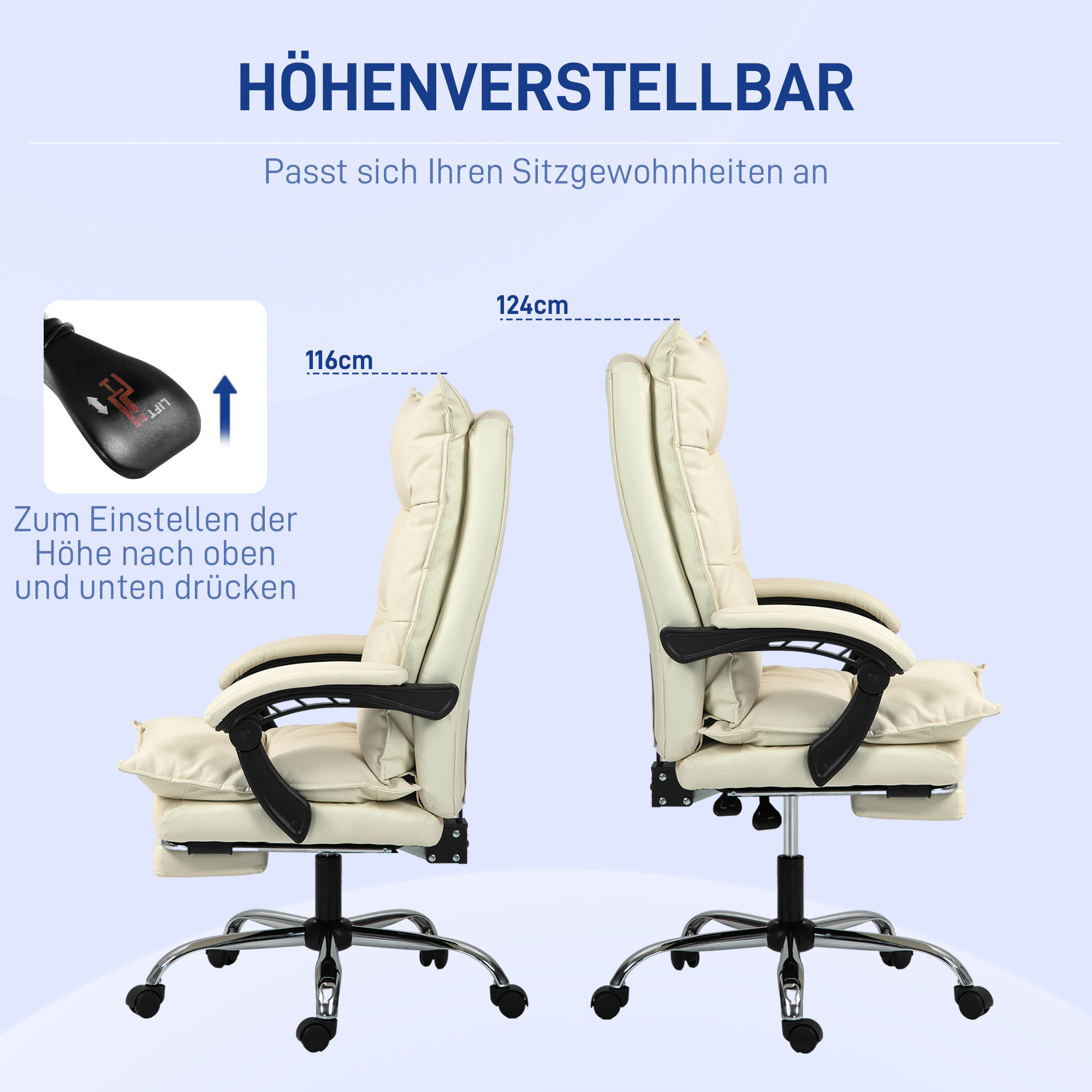 Bürostuhl, verstellbare Sitzhöhe, Fußstütze, Kunstleder, bis 135 kg, Metallbasis, 66x72x116-124cm, Beige