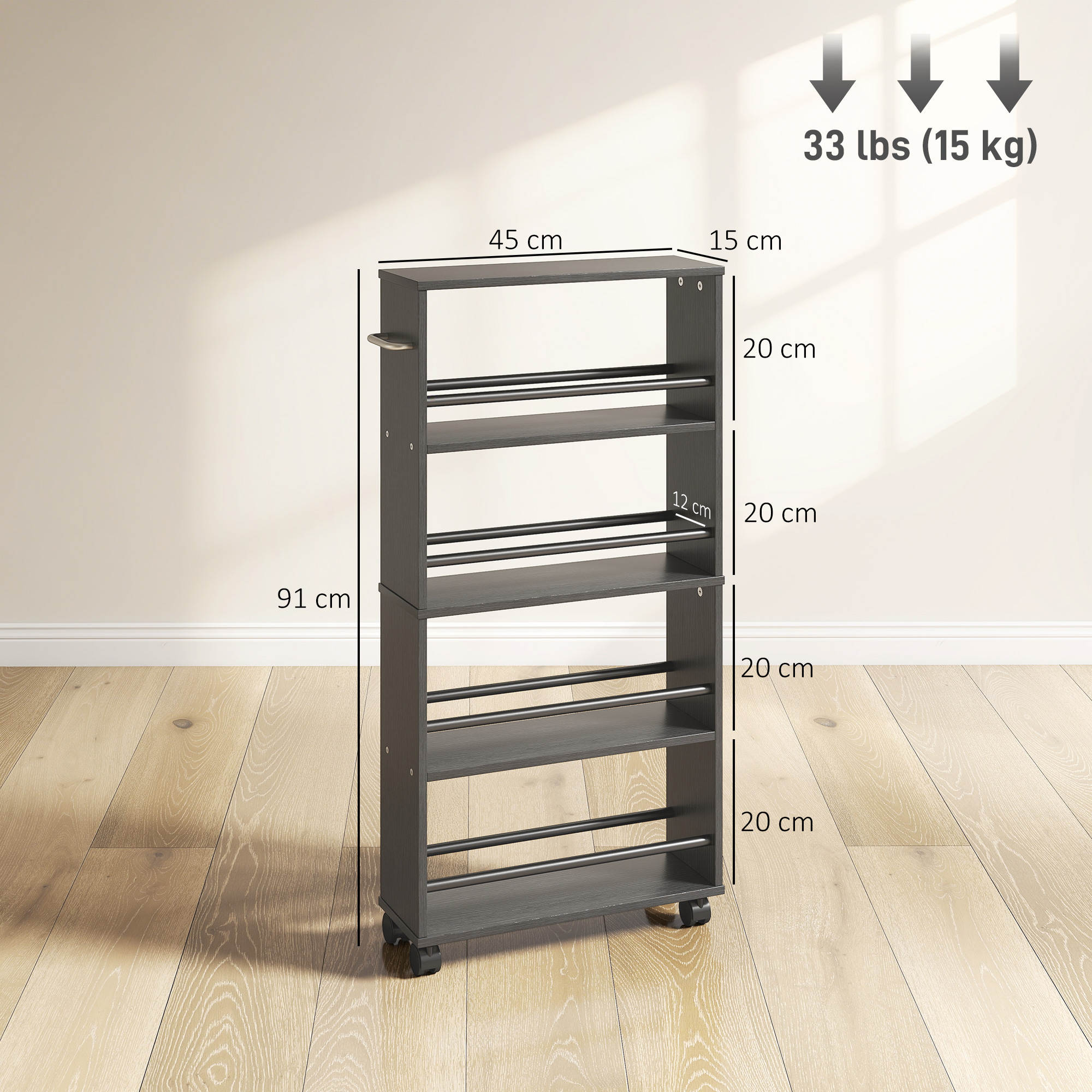 Multifunktionsregal mit Rollen, schmale Bauweise, 4 Fächer, 45x15x91 cm, Schwarz