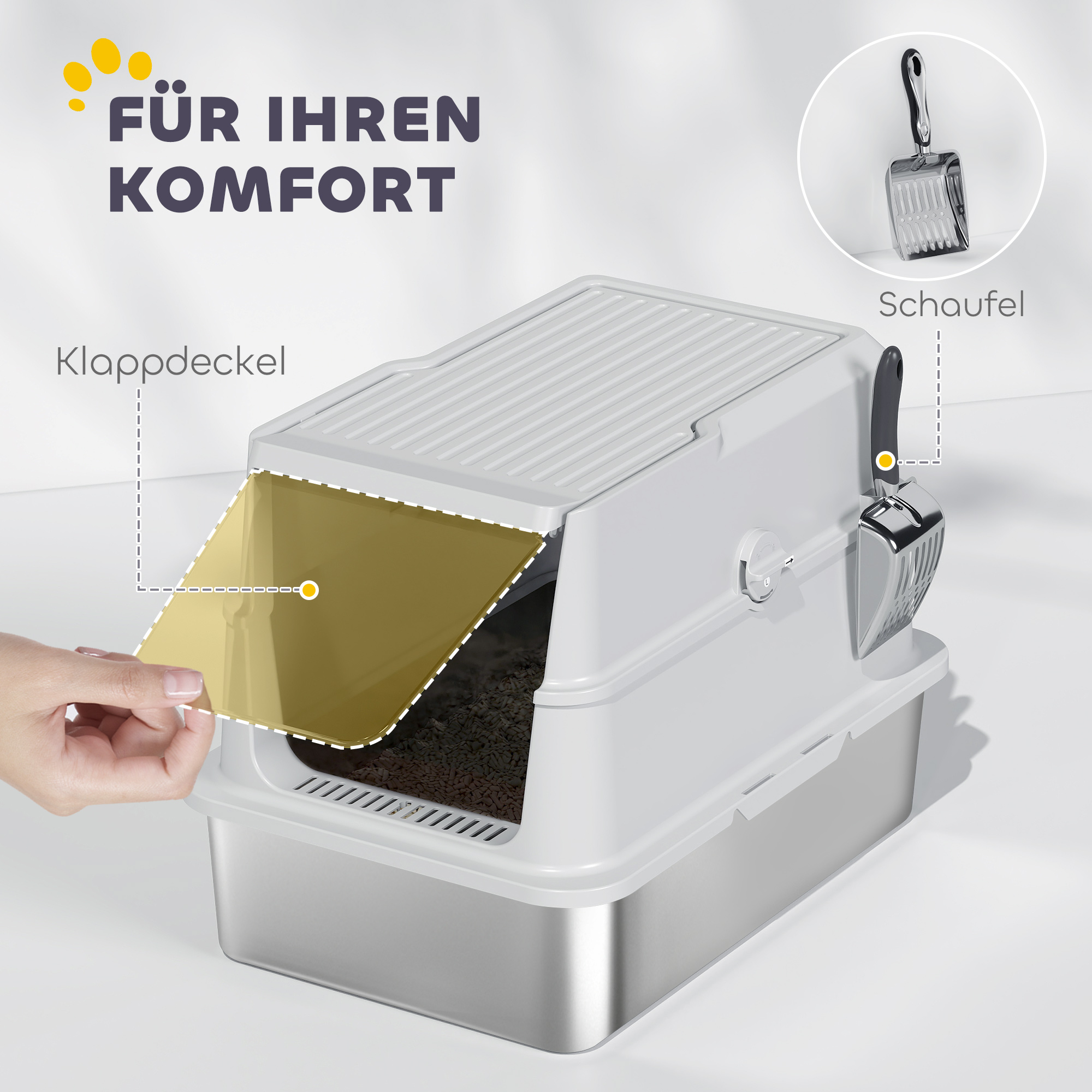 Katzentoilette, Edelstahl, XL-Innenraum, mit Schaufel, Hellgrau