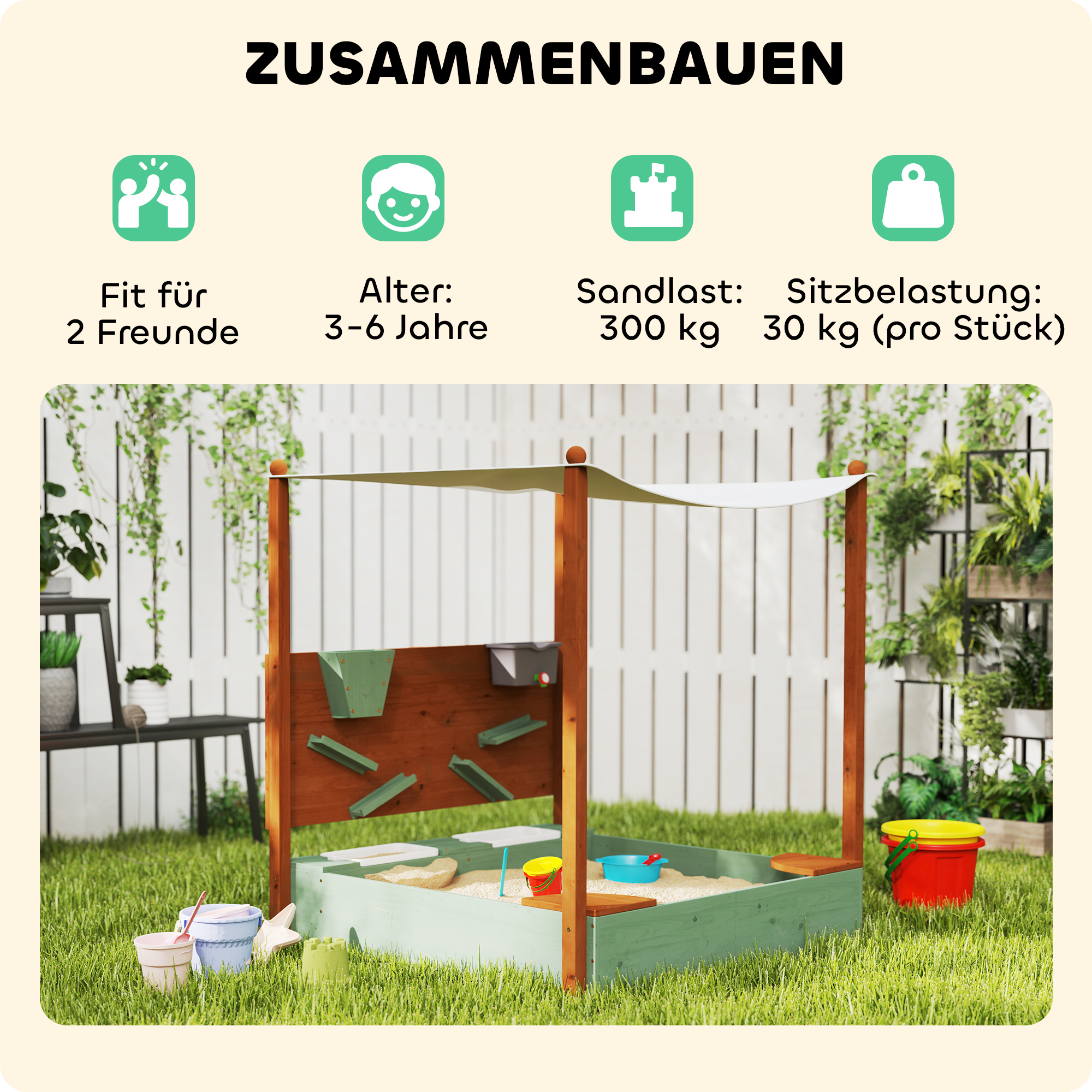 Sandkasten mit Sonnendach für Kinder, 2 Aufbewahrungsbehälter, 116L x 112,5B x 128H cm, Tannenholz, Kunststoff, Grün