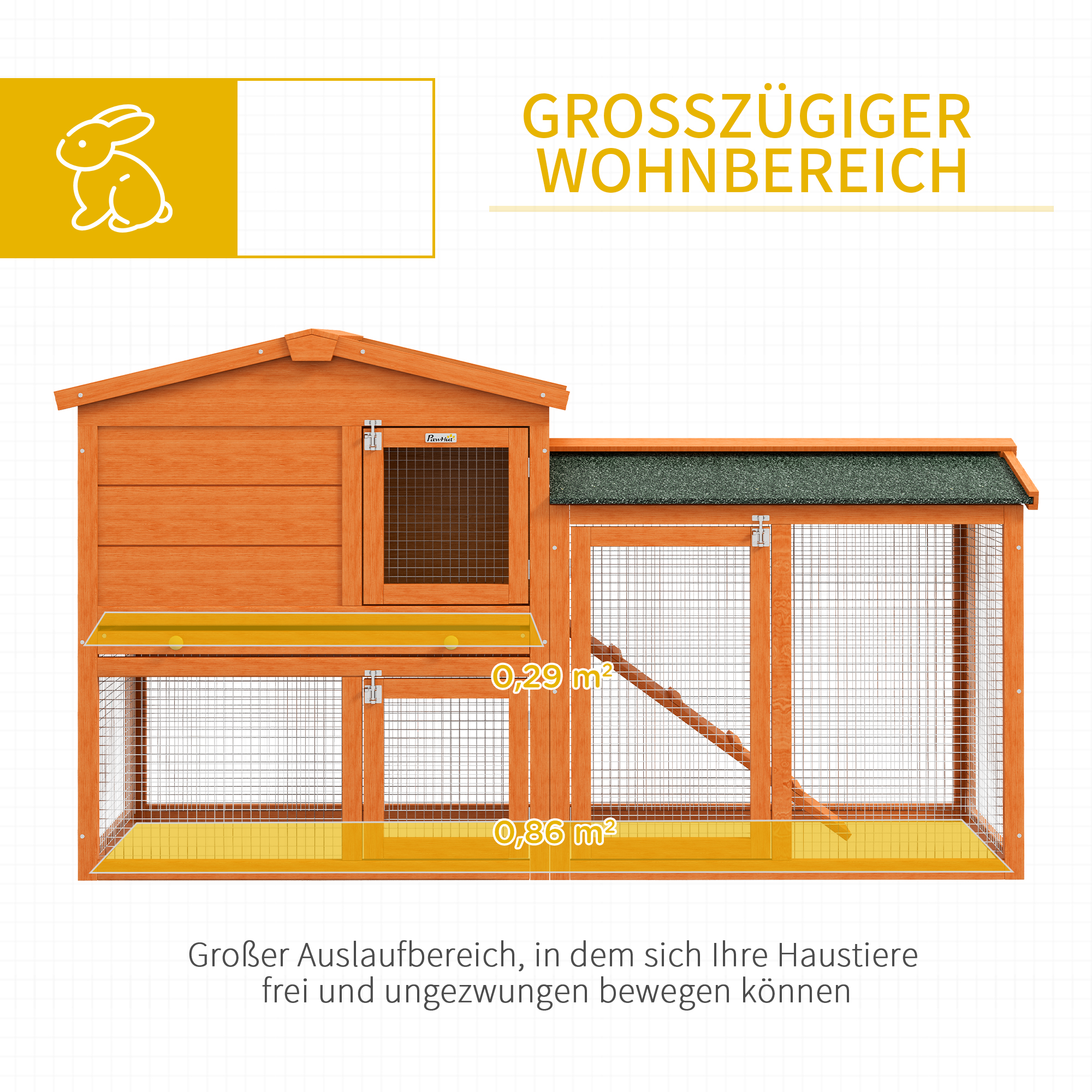 Kleintierstall, Kleintierkäfig, Outdoor-Kaninchenstall, Freilaufgehege, winterfest, Massivholz, 150 x 45 x 85 cm, Orange