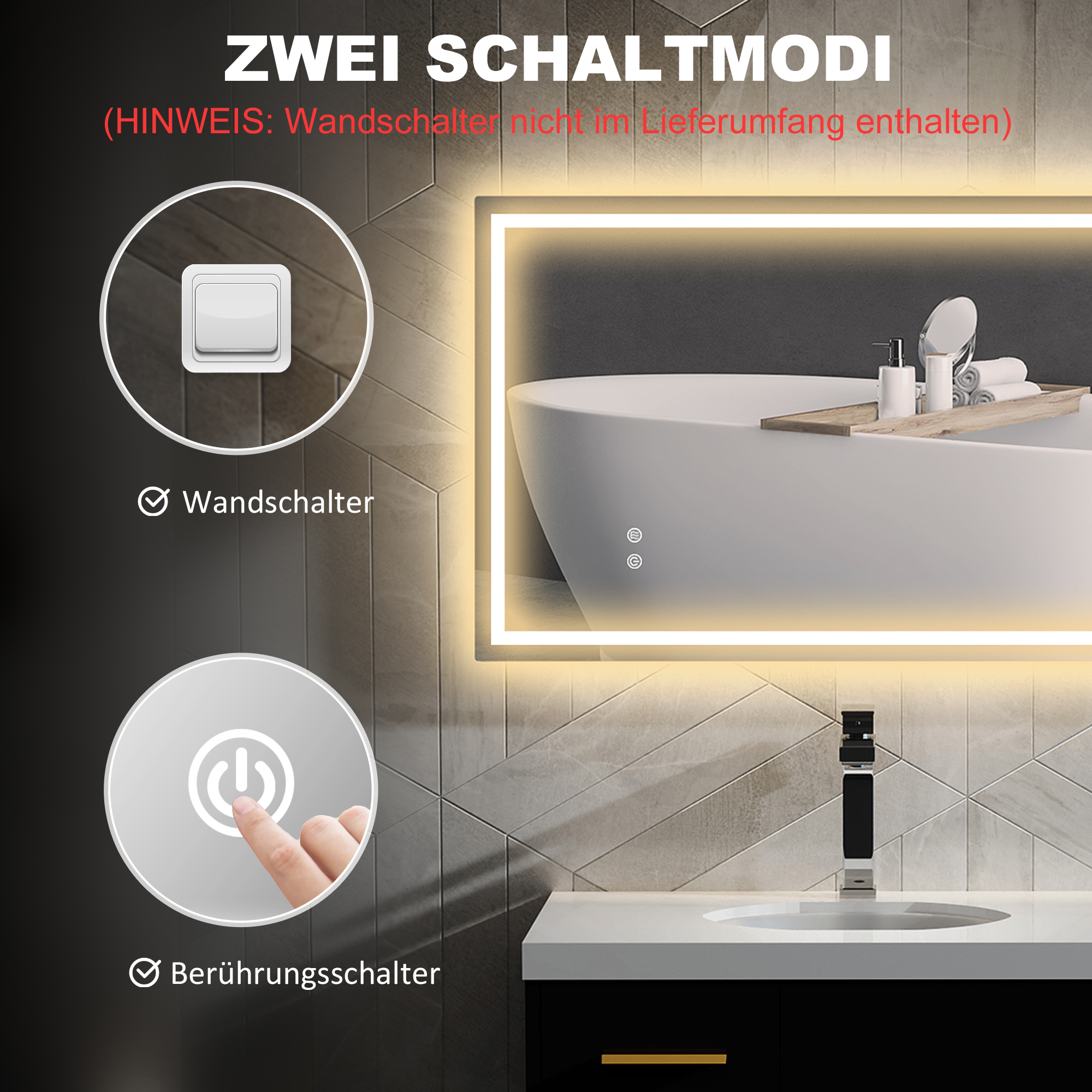 LED-Badezimmerspiegel, einstellbare Helligkeit, Antibeschlag-Funktion, wasserfest