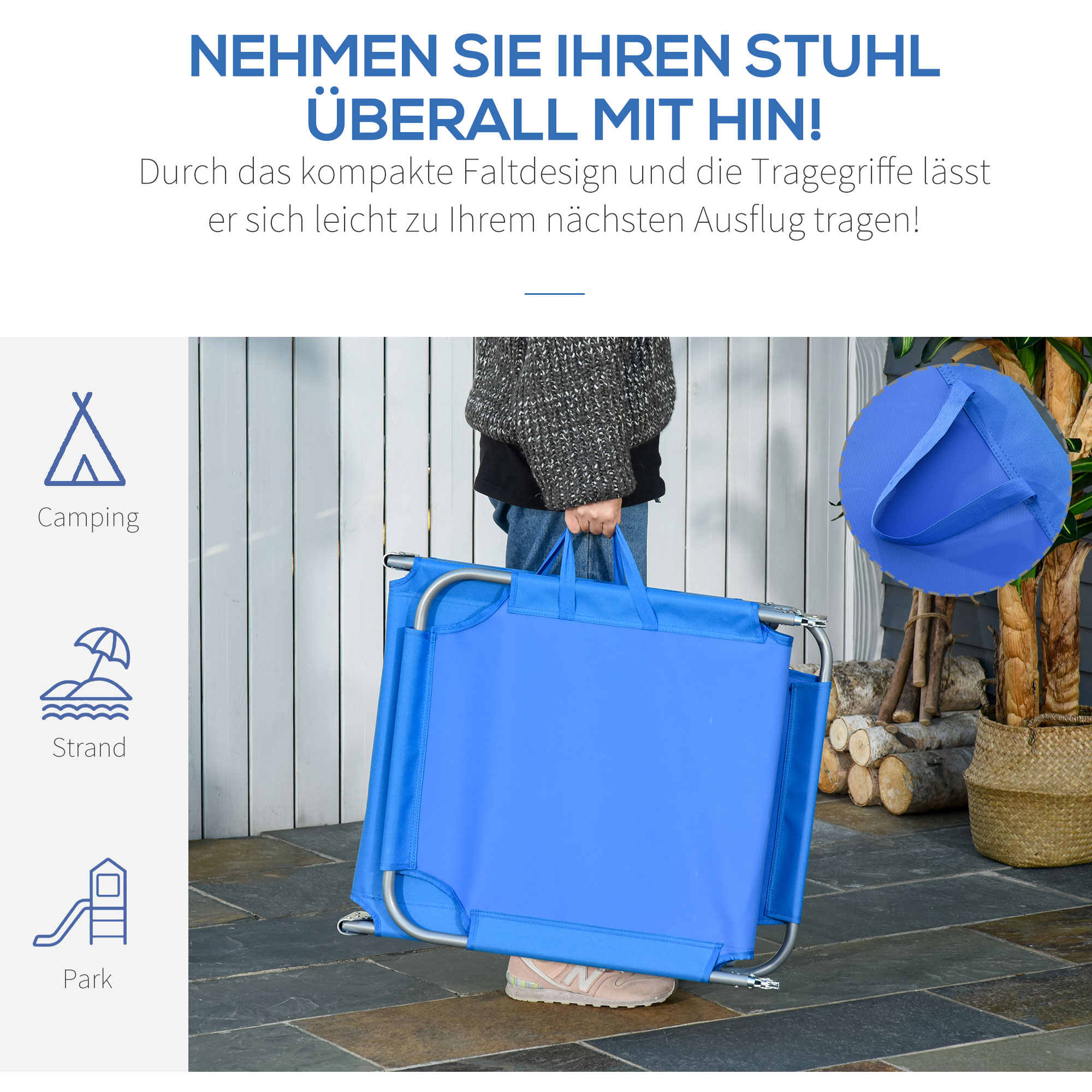 Sonnenliege, klappbar, verstellbare Rückenlehne, rostfreier Metallrahmen, 187 x 55 x 24, Blau