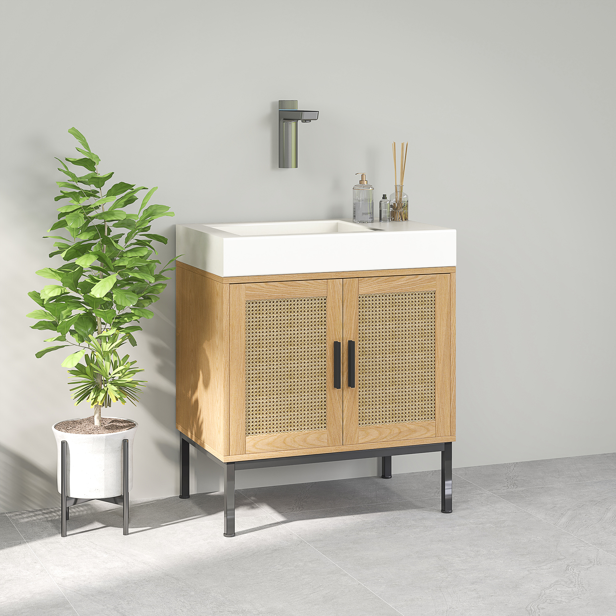 Badezimmerunterschrank, im Boho-Design, Badezimmerschrank, Rattan-Elemente, mit U-Ausschnitt, Eiche