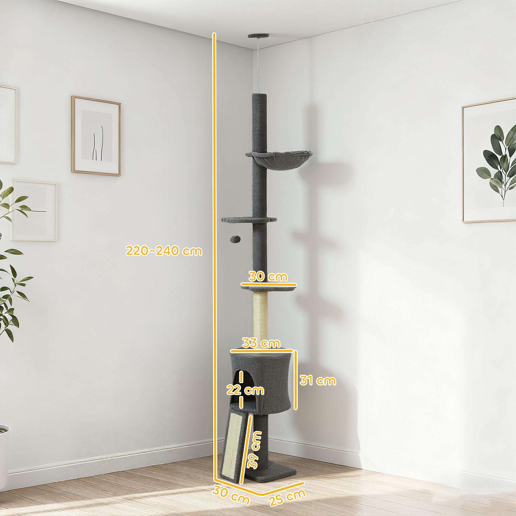 Katzenbaum, Höhle, Hängematte, verstellbare Höhe, Kratzbaum mit Stoffbezug, Grau