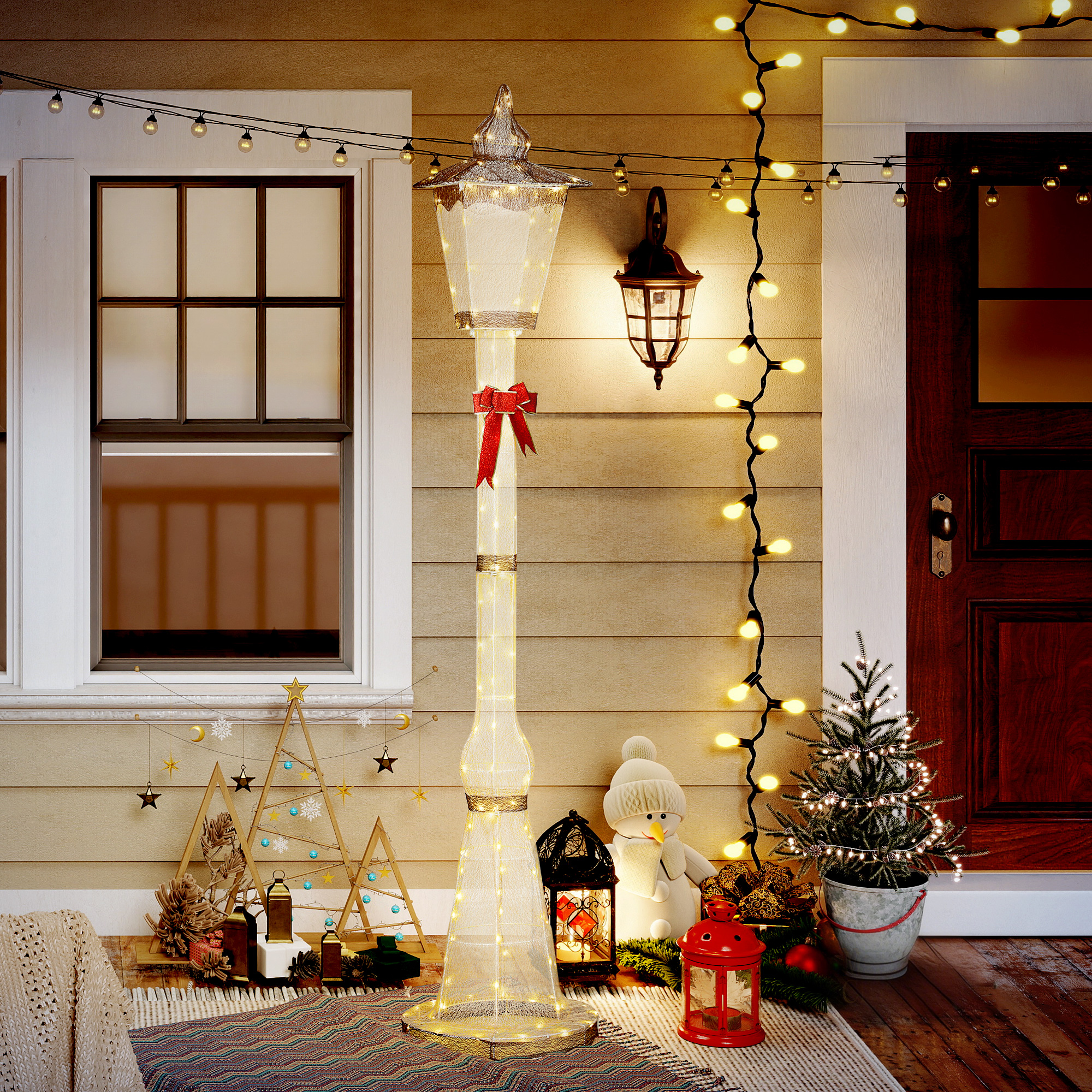 2,15 m beleuchteter Laternenpfahl, 155 LEDs, Outdoor-Weihnachtslaterne, Rote Schleife, wasserfest, für Garten, Terrasse