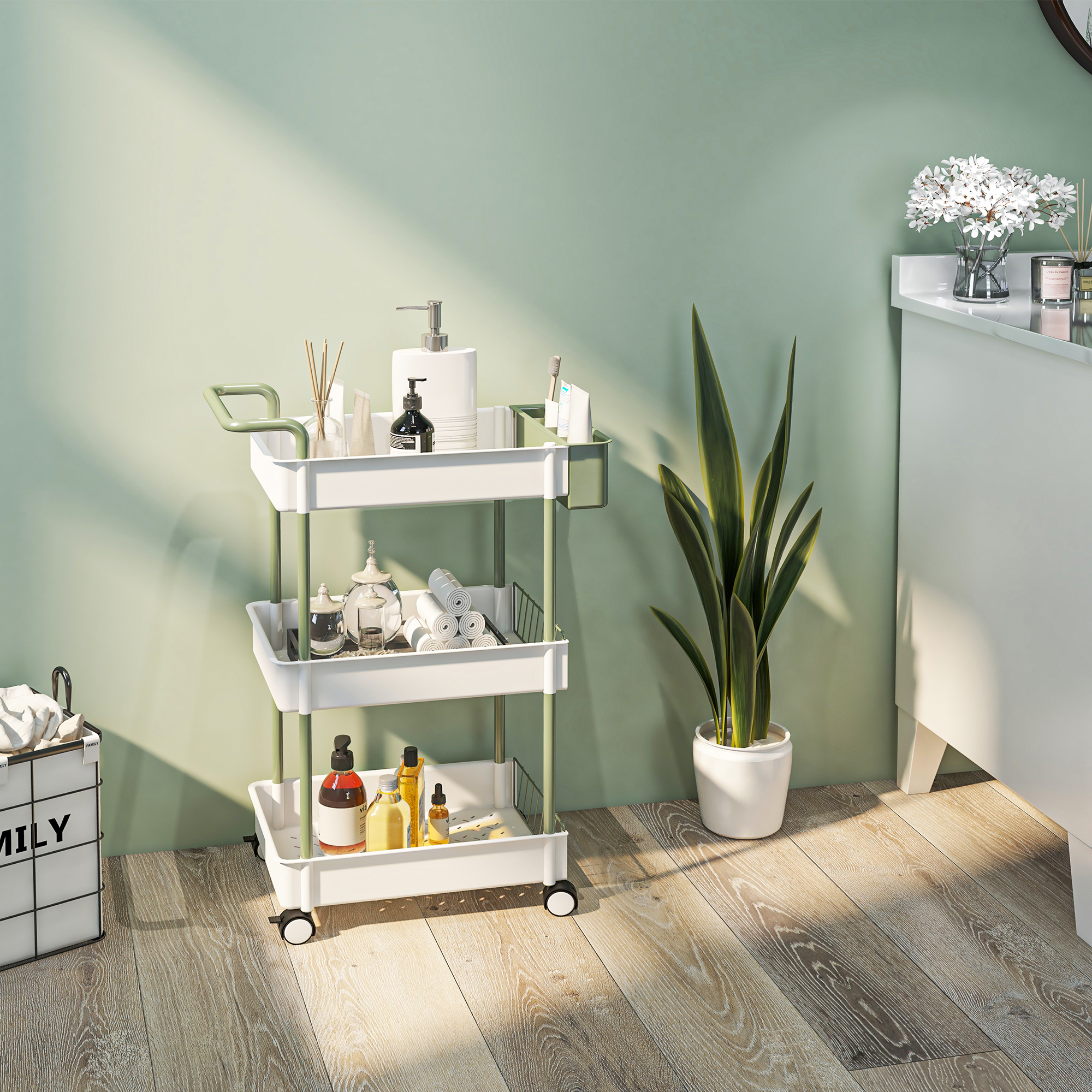 Rollwagen, 3 Etagen, Hängekorb, Schiebegriff, 4 Rollen, Metallrahmen, Weiß, 50 x 29,4 x 77cm