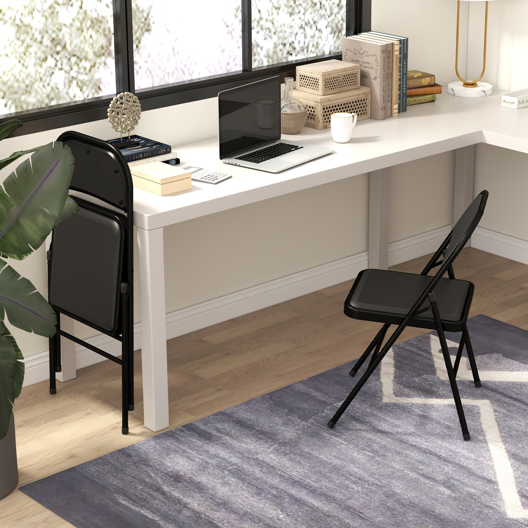 2er-Set Klappstühle, Tragbare Bürostühle, Metallbeine, Faltstuhl für Büro, Empfang, Wartezimmer, Kunstleder, Schwarz