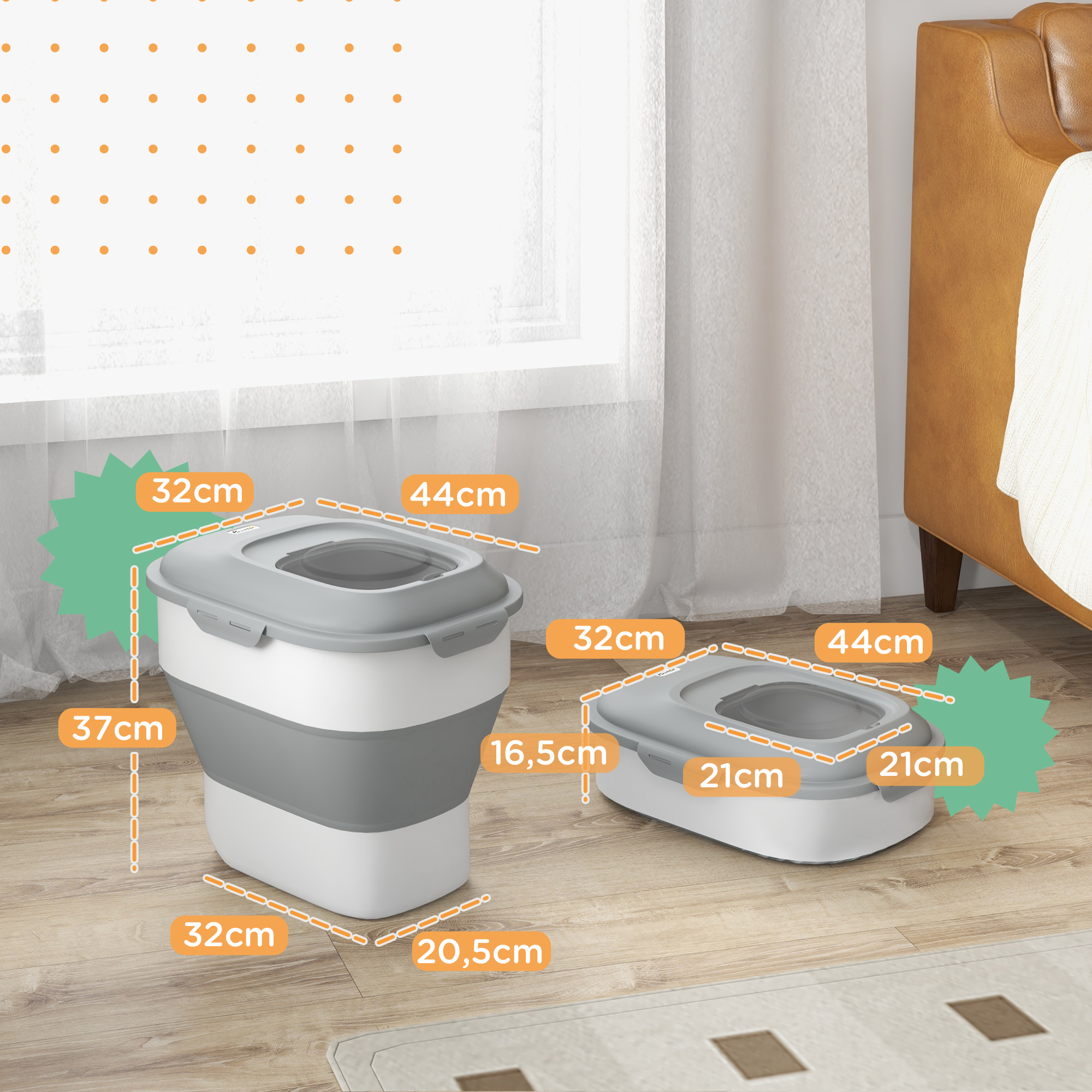 Trockenfutter-Behälter, faltbar, bis 25 kg, mit Zubehör, 44x32x37cm, Grau
