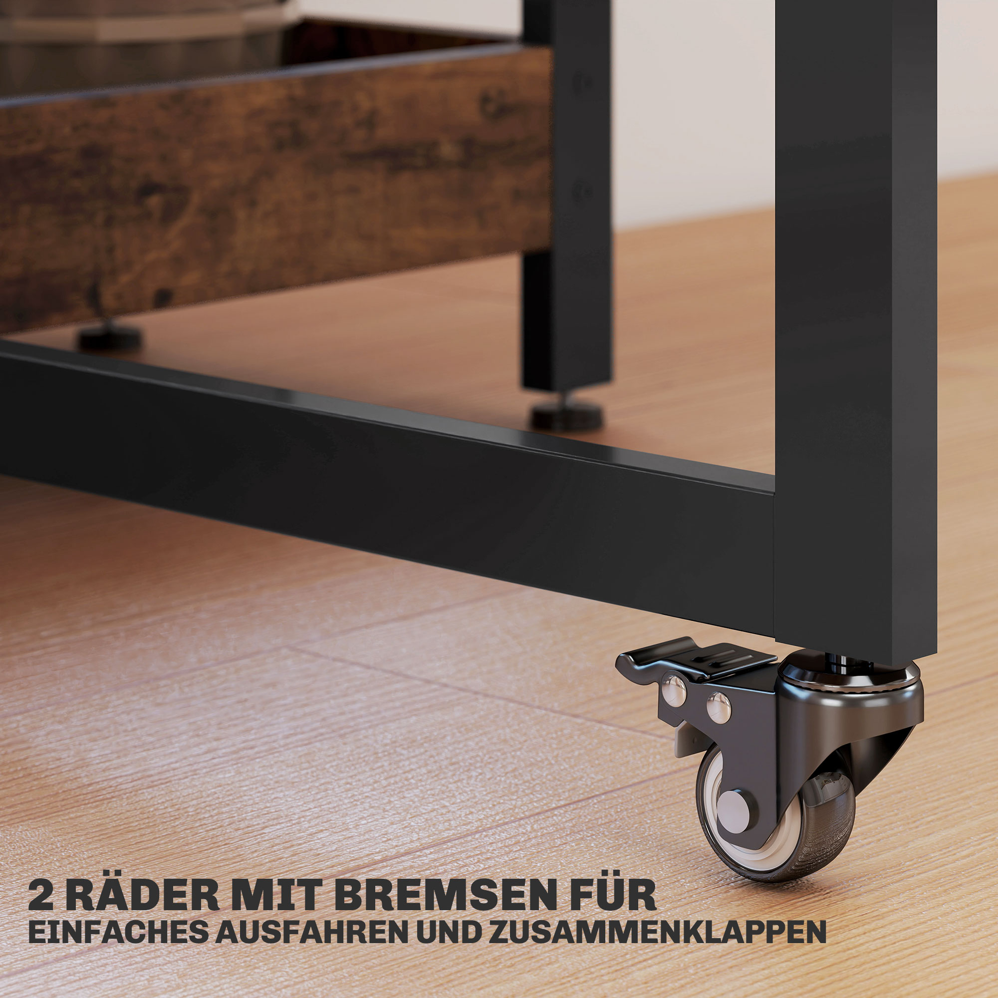 Klappbarer Esstisch im Industriedesign, für bis zu 4 Personen, offene Regale, flexibel, Metall, Spanplatte, Braun