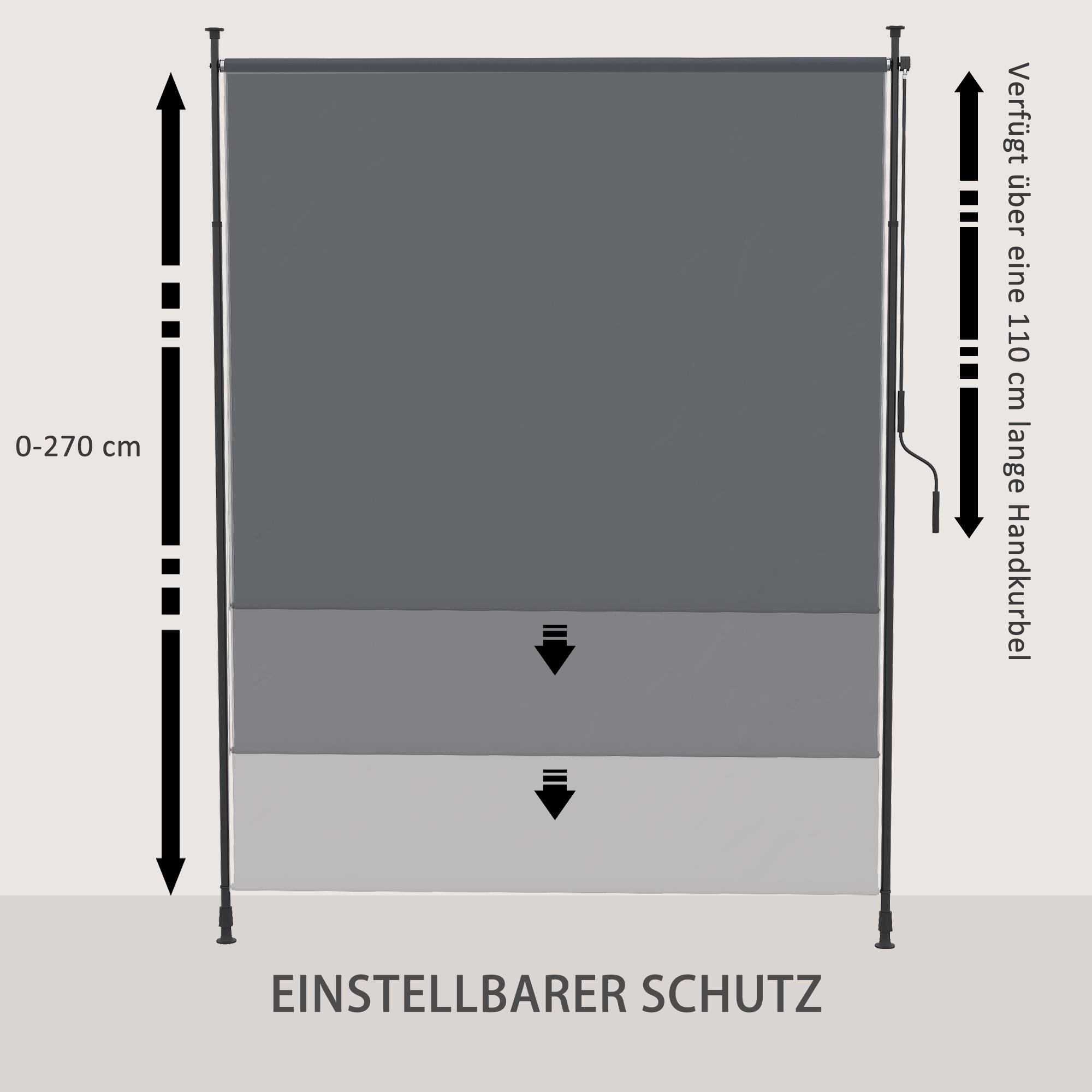 Seitenmarkise, Montage ohne Bohren, höhenverstellbar, mit Handkurbel, Metallrahmen, grau, 2 x 2,15-3,05 m