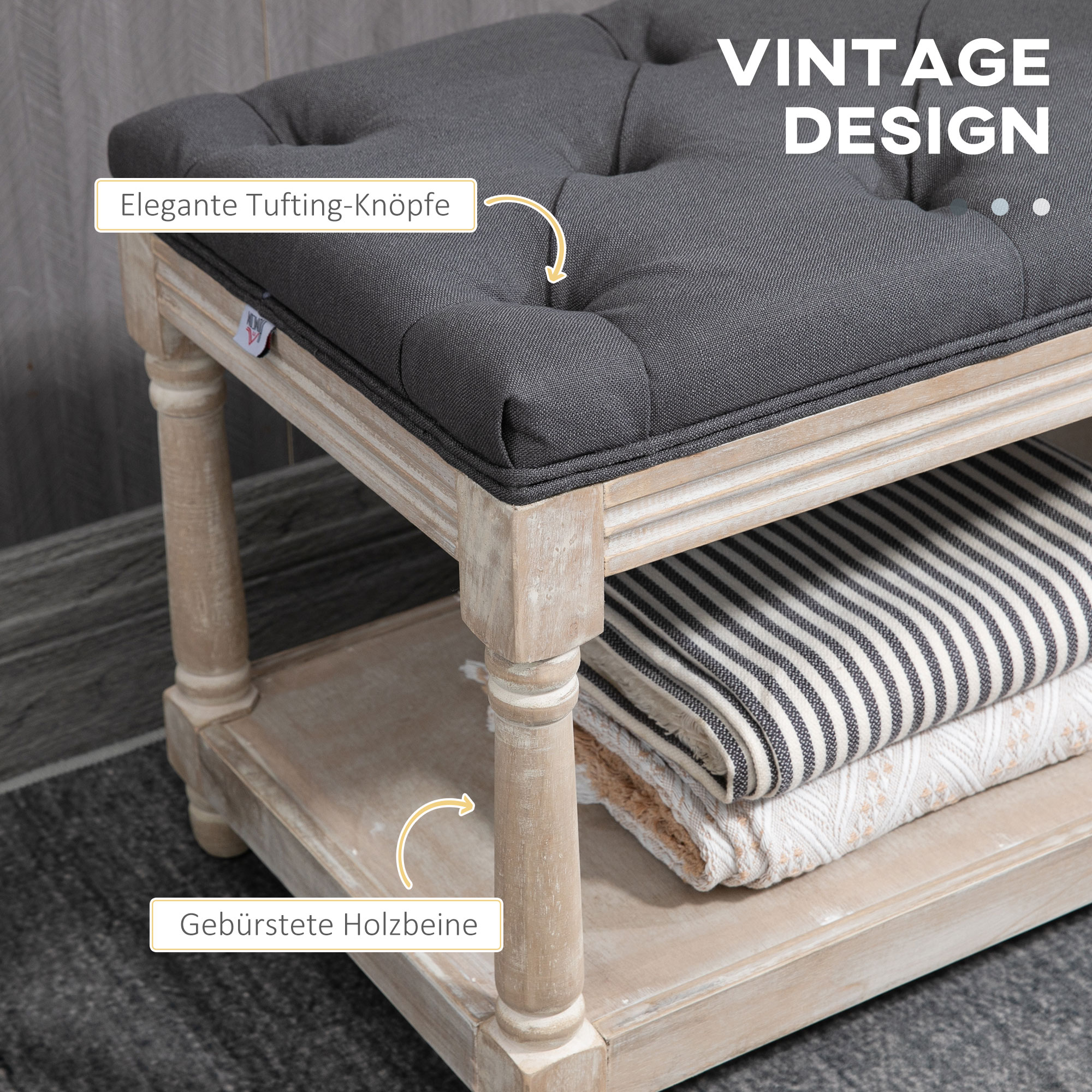 Sitzbank mit Stauraum, Vintage-Design, Knopfheftung, Kautschukbaumholz, 115x40x48cm, Grau