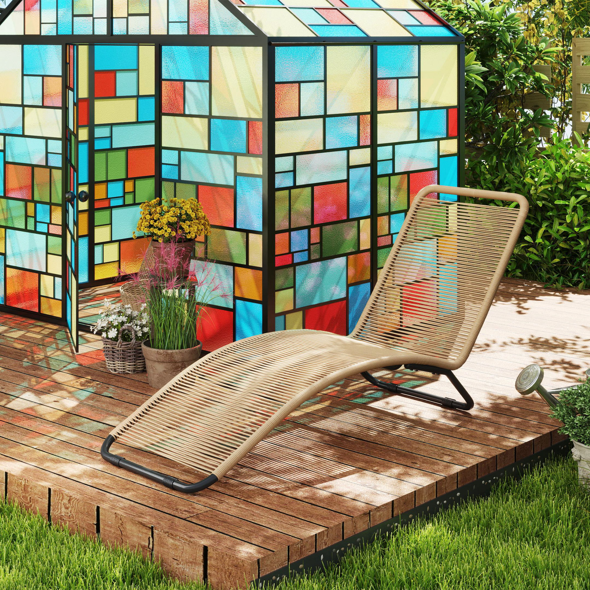 Rattan-Sonnenliege, S-förmiger Liegestuhl mit Rattangeflecht, Korbliege mit Stahlrahmen, Braun
