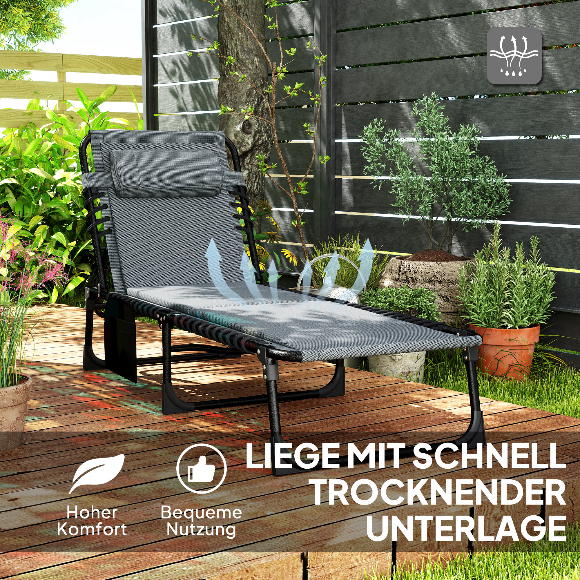 Liegestuhl, Sonnenliege mit Polsterung und Seitentasche, Gartenliege, Pool-Liege, Polsterliege, Grau