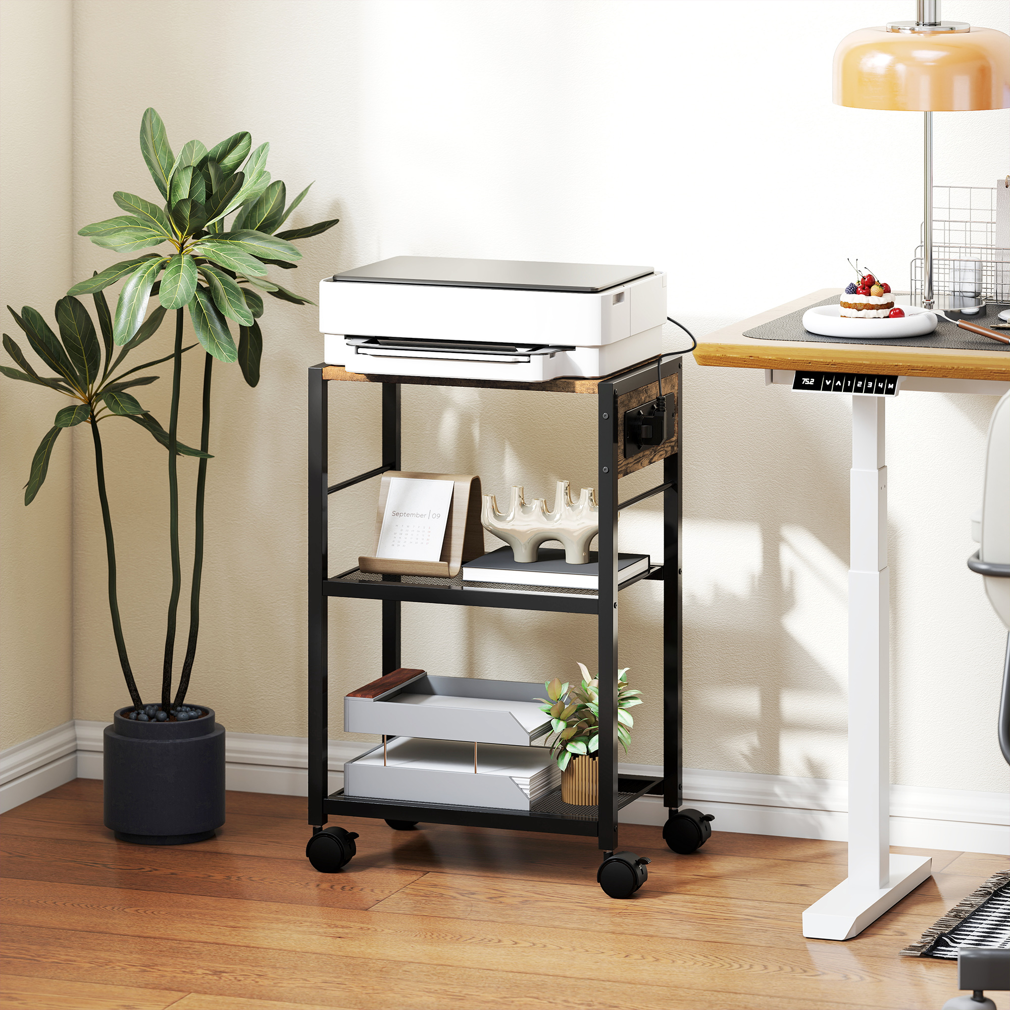 Druckerständer Druckeregal mit Rollen, Steckdosen, USB- und USB-C-Anschlüsse bis 40 kg Rustikalbraun