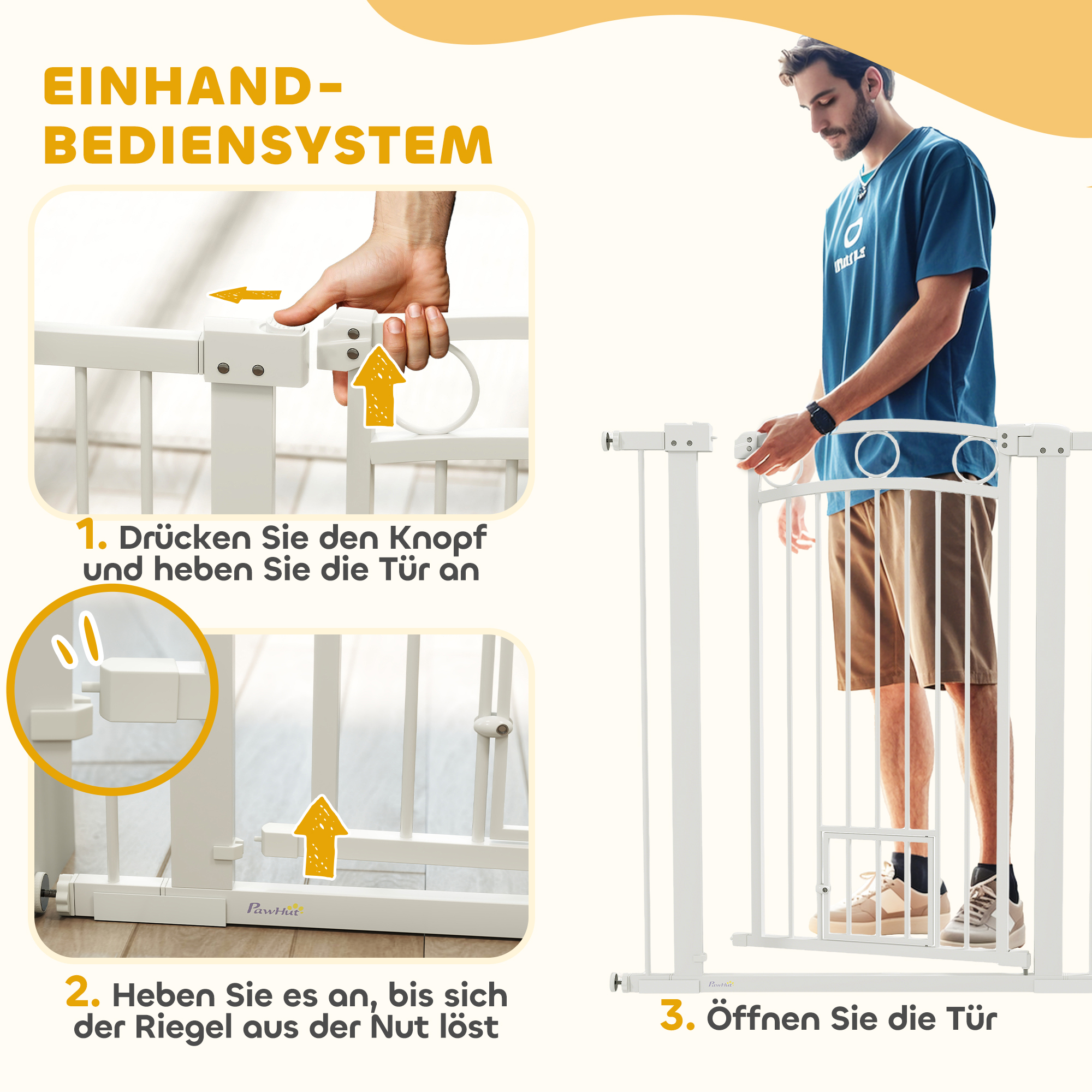 106 cm hohes Haustiergitter mit anpassbarer Breite, integrierte Katzentür, für Treppen und Türrahmen, Weiß