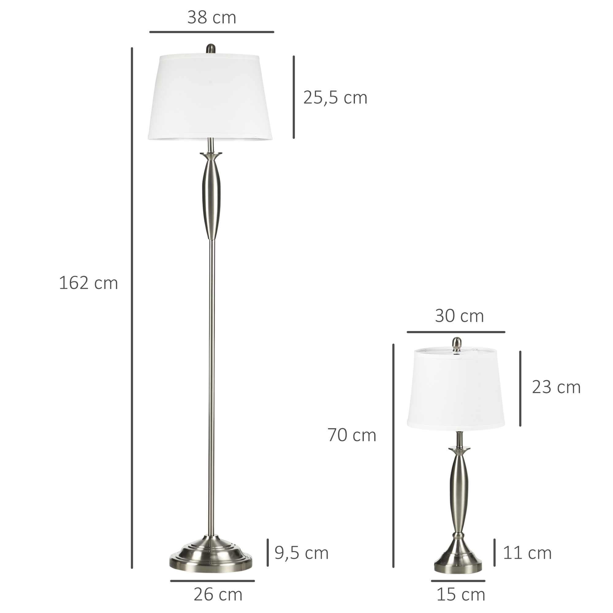 3-teiliges Leuchten-Set. 1 Stehleuchte, 2 Tischleuchten, Leinenoptik; 38 cm x 38 cm x 158 cm, Silber + Weiß
