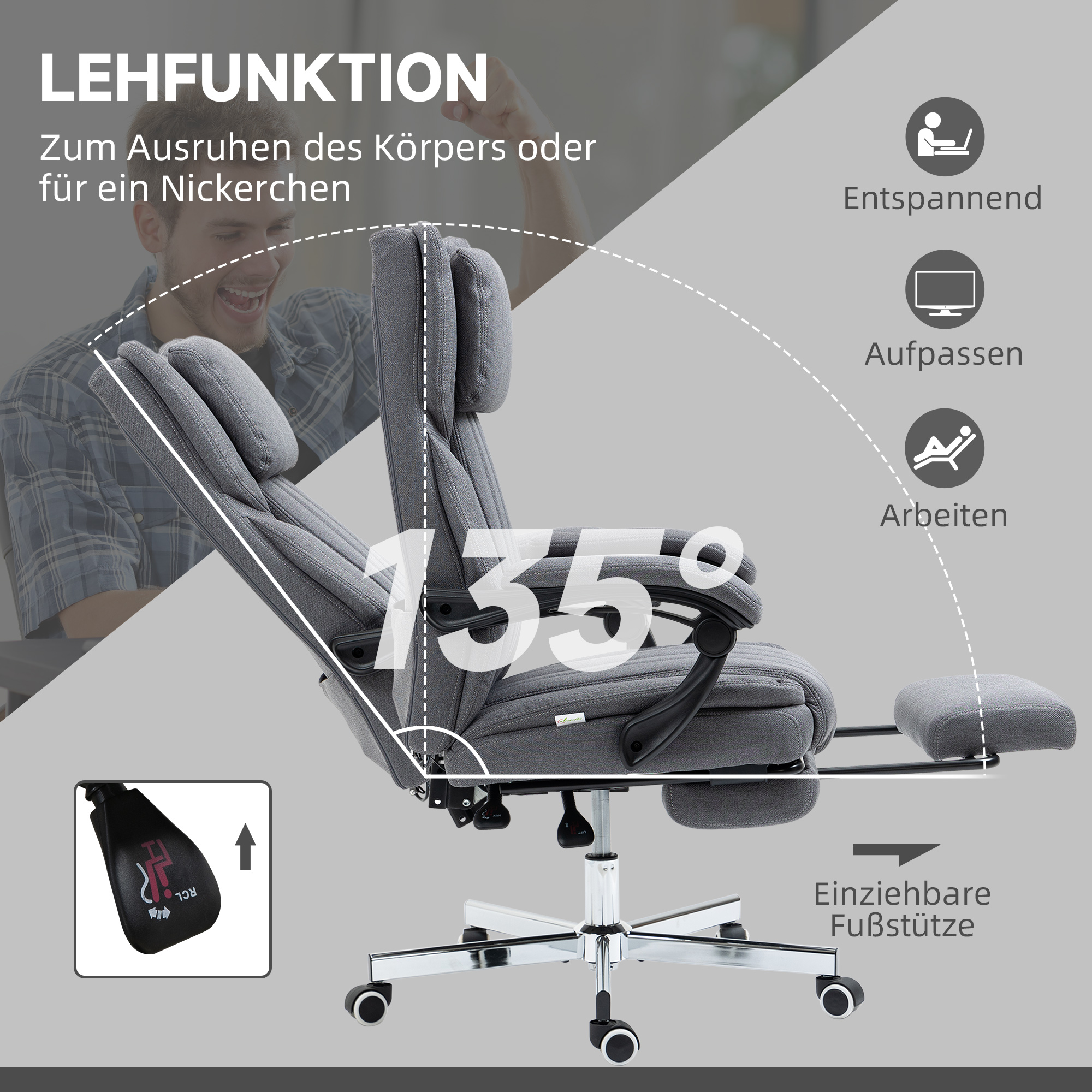 Bürostuhl mit Massagefunktion, neigbare Rücklehne, ausziehbare Fußstütze, Leinenoptik, grau, 65 x 61 x 113 cm