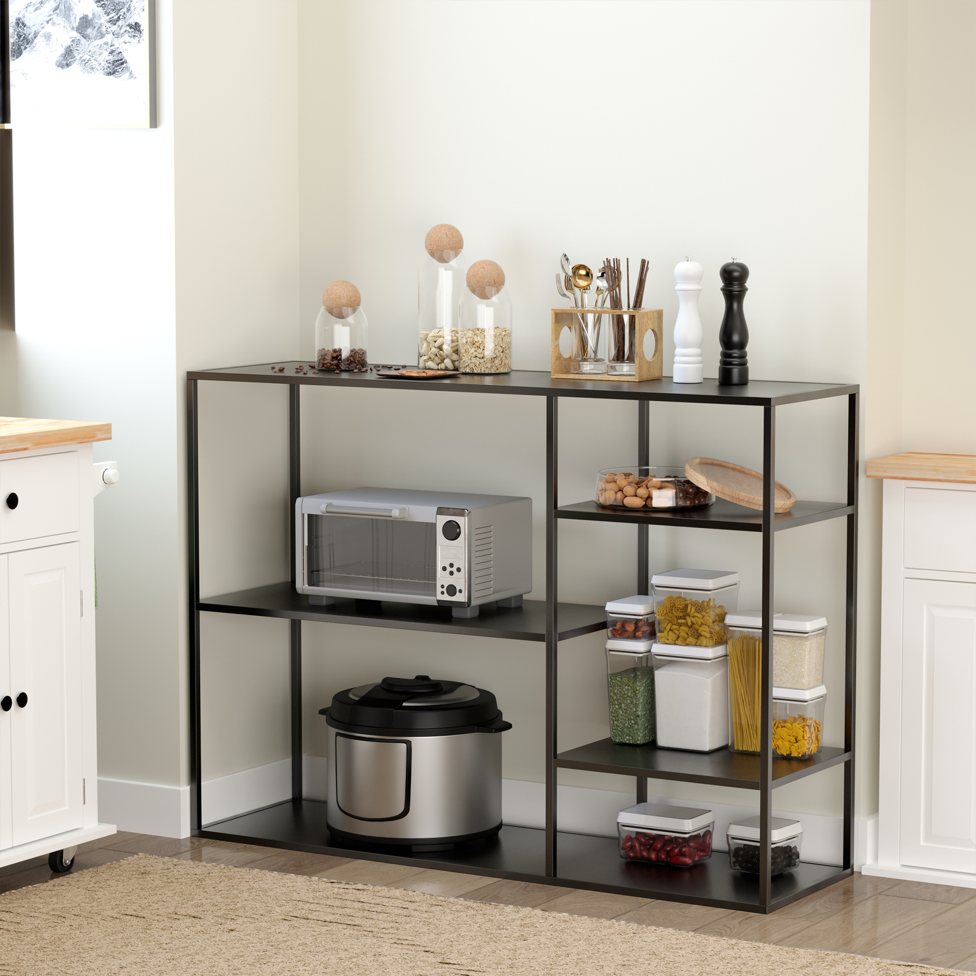 Standregal Bücherregal mit 5 offenen Fächern, Aufbewahrungsregal mit Metallrahmen, Würfelregal für Küche, Wohnzimmer, Schwarz, 120 x 35 x 87,5 cm