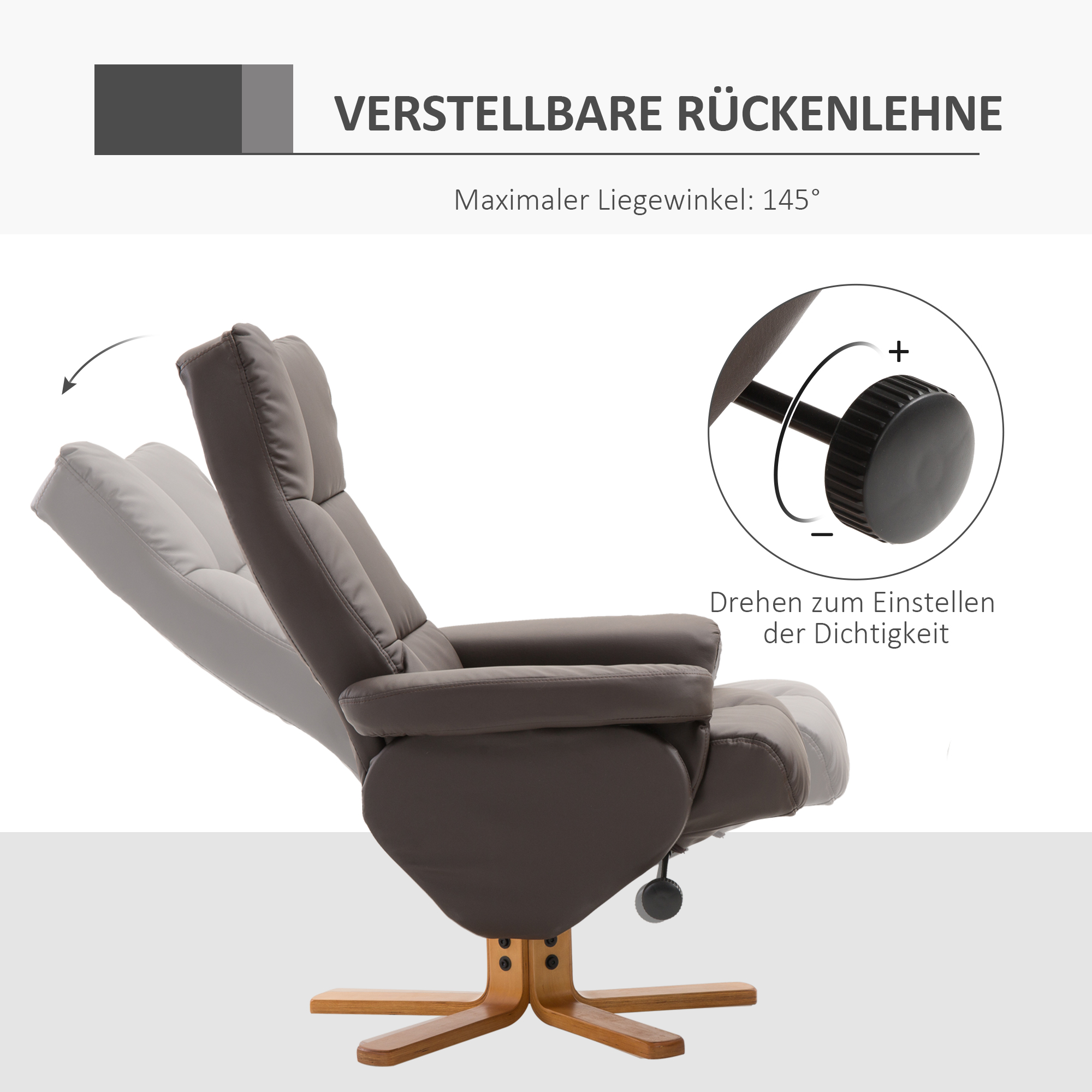 Relaxsessel mit Hocker, 360°drehbarer Fernsehsessel mit Liegefunktion Lesesessel für Schlafzimmer, Wohnzimmer, Kunstleder, Braun