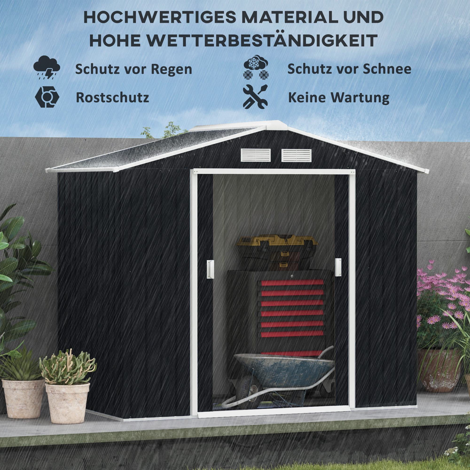 Geräteschuppen mit Schiebetüren 2,13 x 1,30 x 1,85cm Metall Kohlegrau