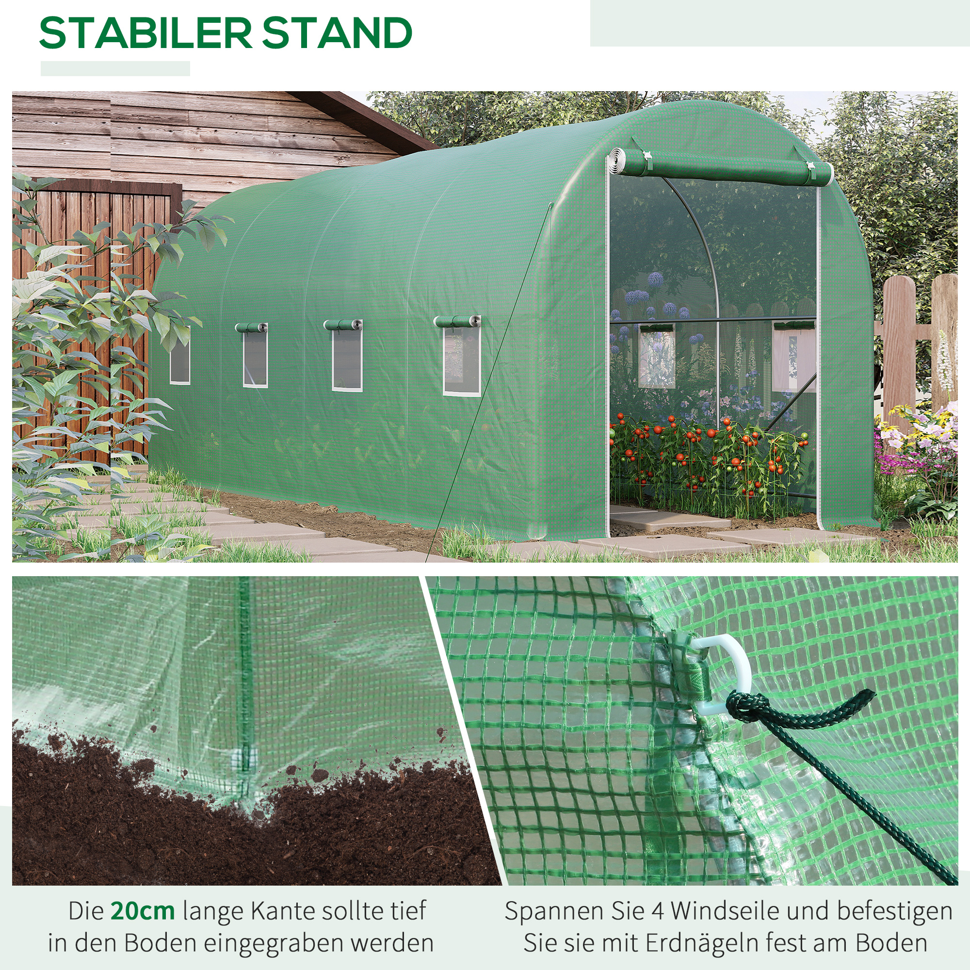 Gewächshaus 500x200x205cm Foliengewächshaus Tomatenhaus mit Tür, 8 Fenster, Folientunnel aus verzinktem Stahl, PE, stabiles Treibhaus Pflanztunnel, inkl. Erdanker & Seilen, Grün