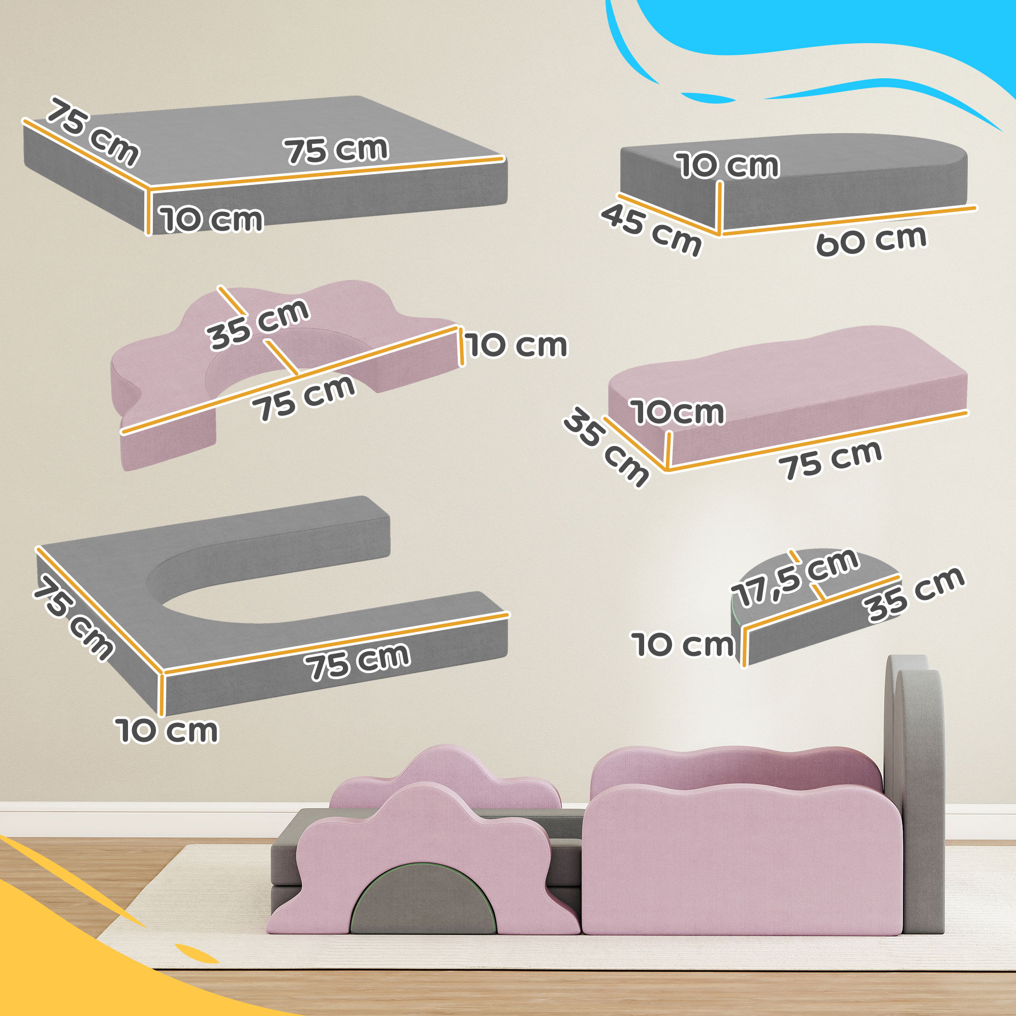 12-teiliges Set Schaumstoffblöcke zum Klettern, Bauen, Krabbeln, Indoor-Spielmatten mit Cordbezug, Grau+Rosa