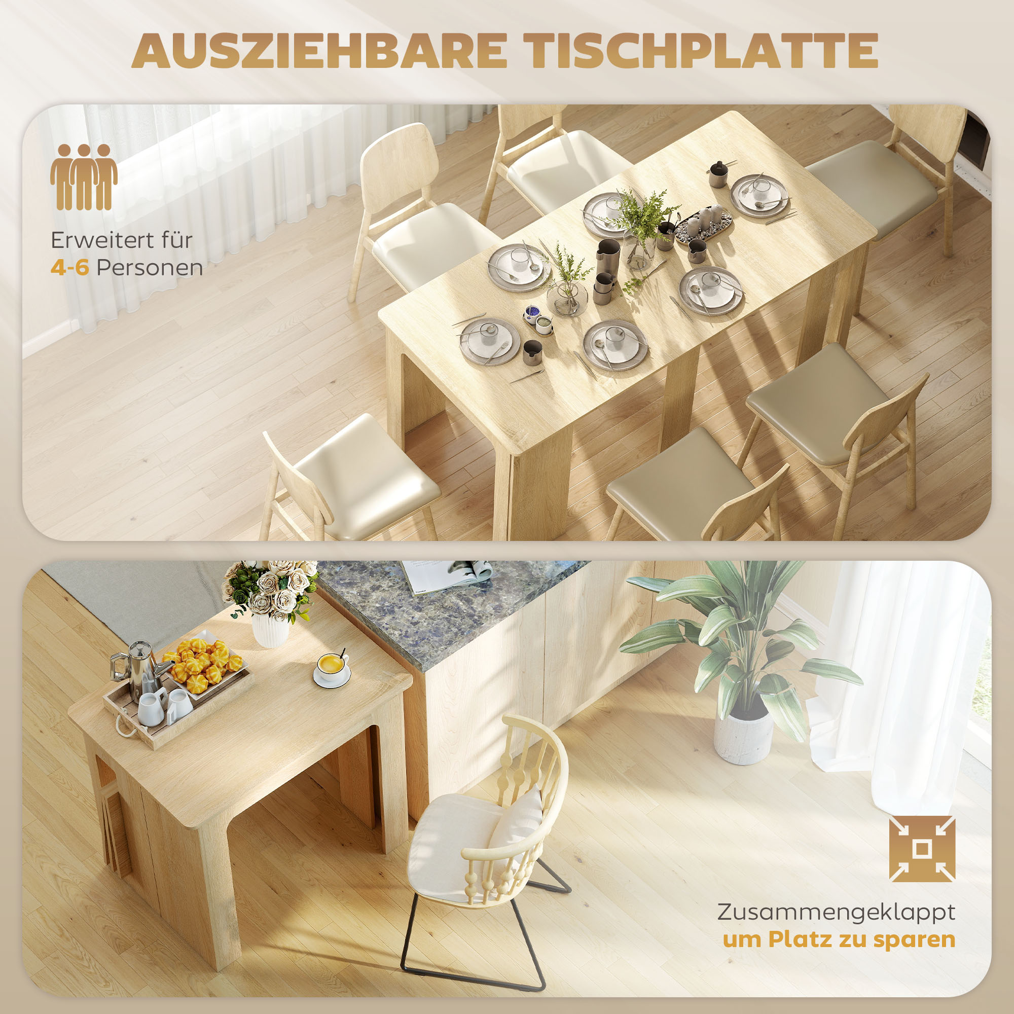 Esstisch, Klapptisch, ausziehbarer Küchentisch, Esszimmertisch, Spanplatten, 60-180 x 85 x 75 cm, Natur