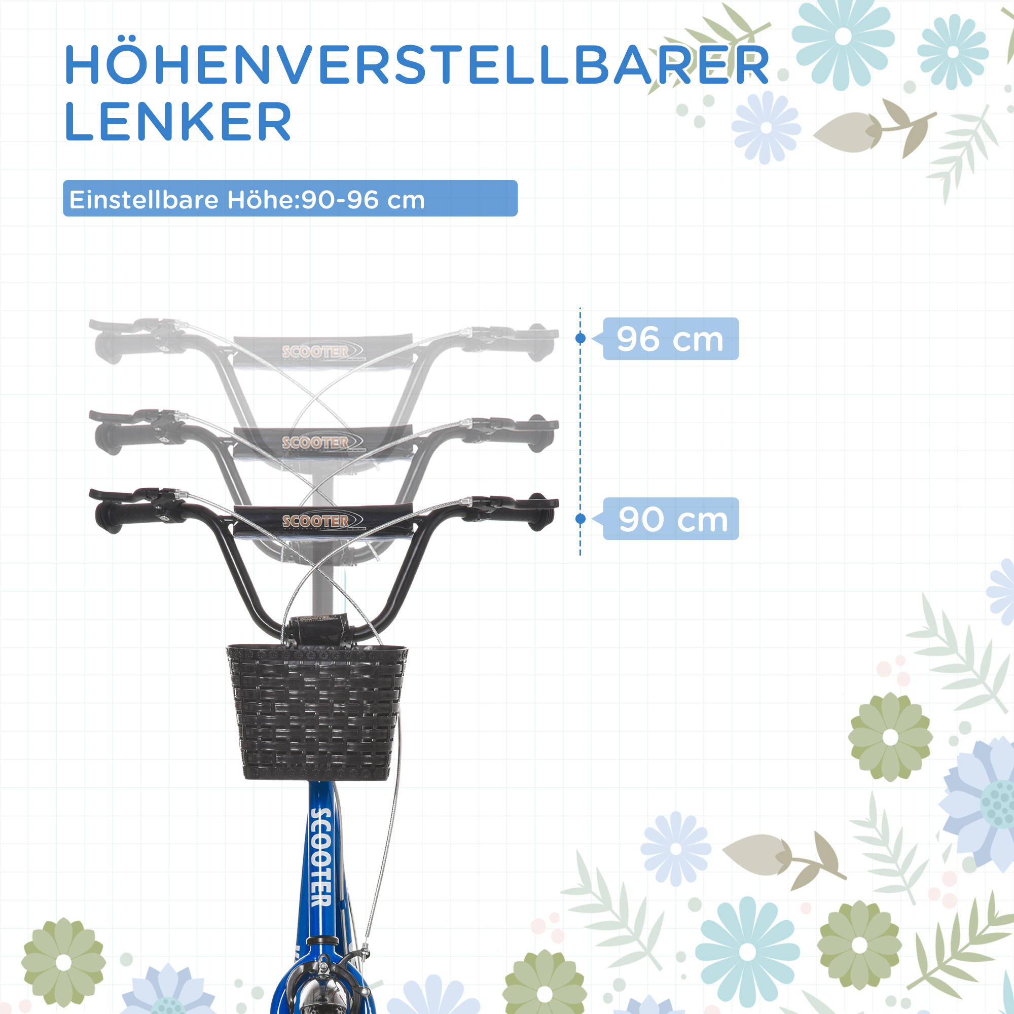 Kinderroller, Scooter mit Bremse, inkl, Korb, höhenverstellbar, für Kinder 5-12 J,, blau+schwarz
