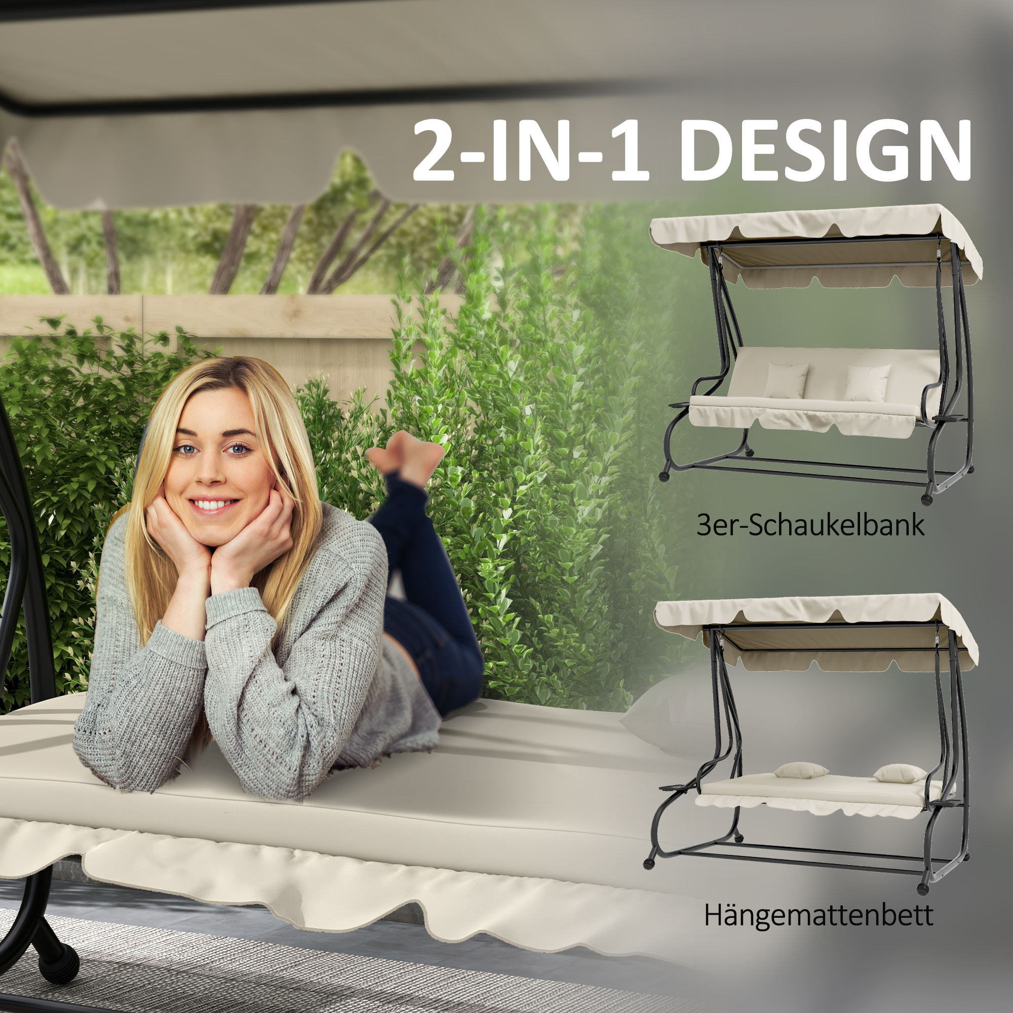 2-in-1 Hollywoodschaukel mit Liegefunktion, verstellbares Dach, bis 340 kg, Stahl, 200x120x164 cm, Cremeweiß