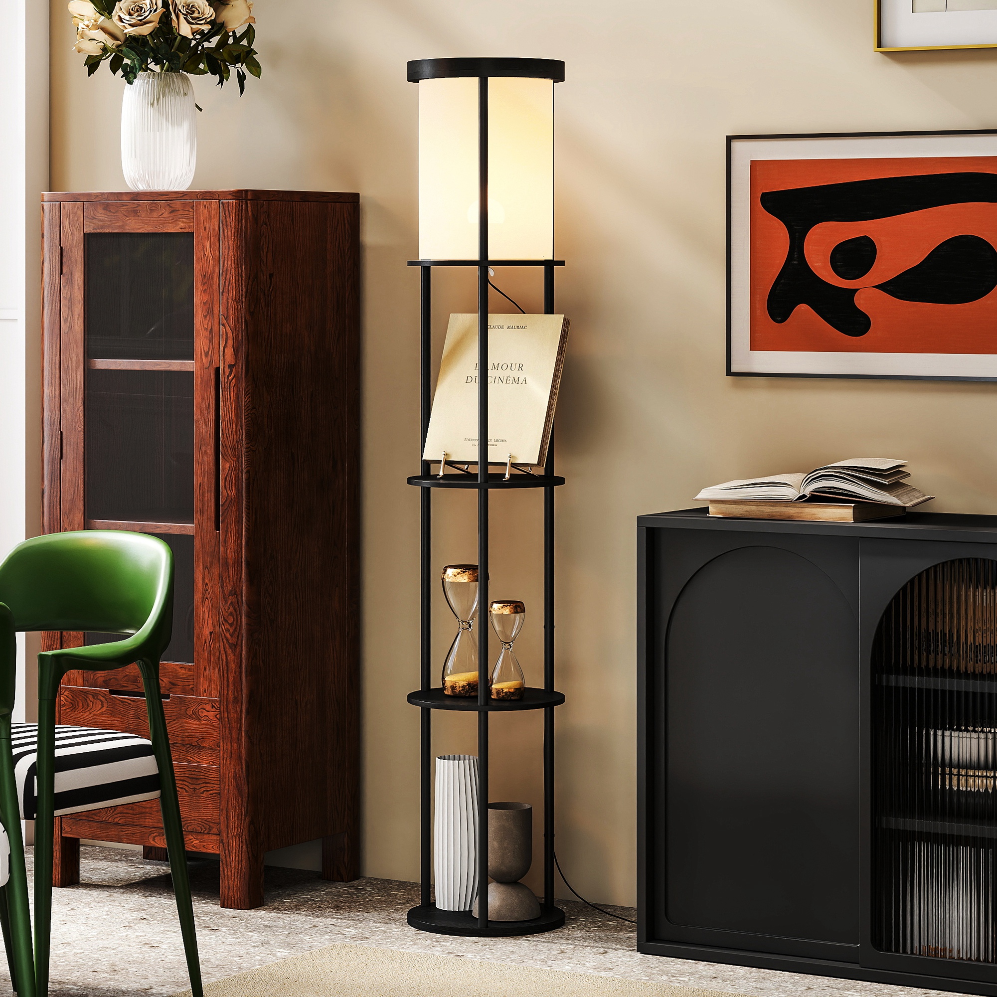 Stehlampe mit 3 Regalen, rundes Design, Fernbedienung, Fußschalter, verstellbare Lichtwärme, für Wohnzimmer, Schwarz