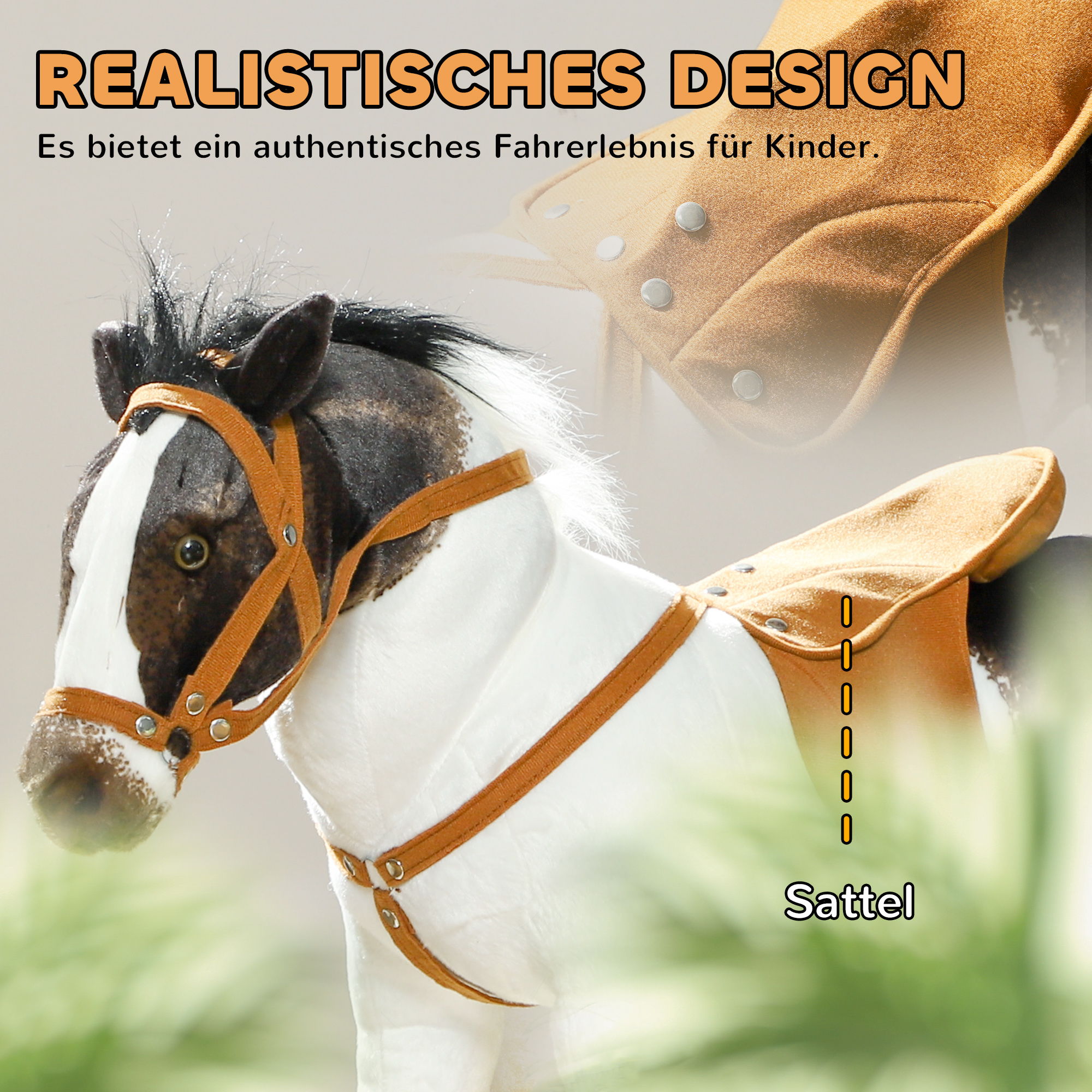 Schaukelpferd mit Soundeffekten, weiches Fell, für 3-8 Jahre, 85 x 28 x 60 cm, Braun/Cremeweiß