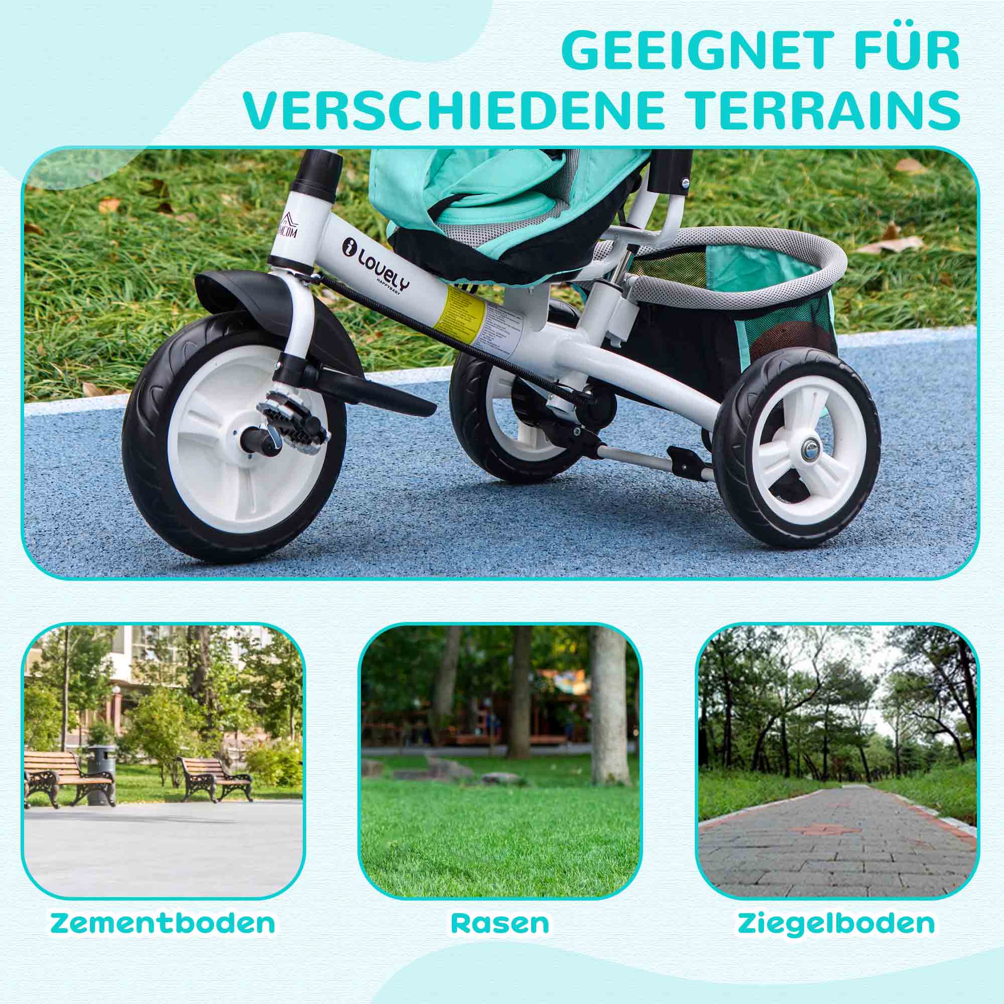 Kinder-Dreirad, Kinderfahrrad, Rückenkorb, Becherhalter, Sonnendach, Metall, Grün
