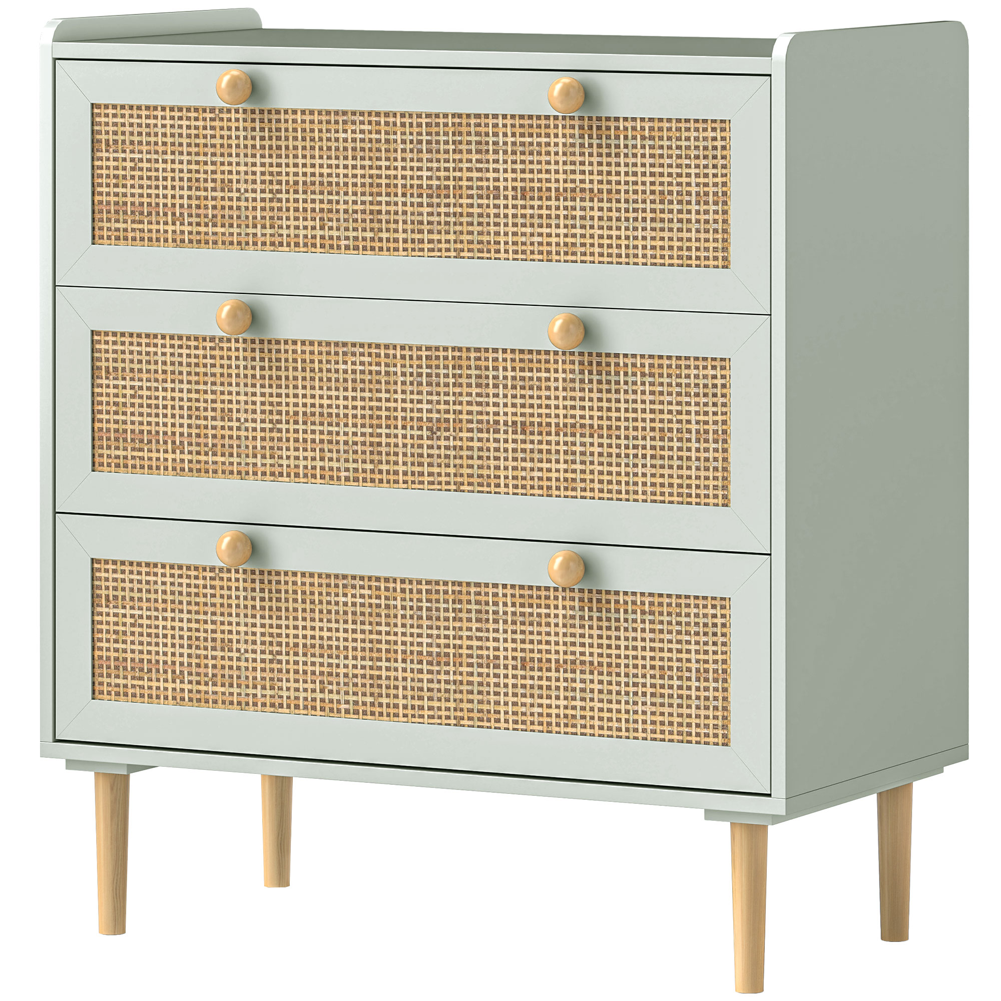 Schlafzimmer-Kommode mit 3 Schubladen, Rattan-Fronten, Kleiderkommode für Flur, Eingangsbereich, MDF, Grün