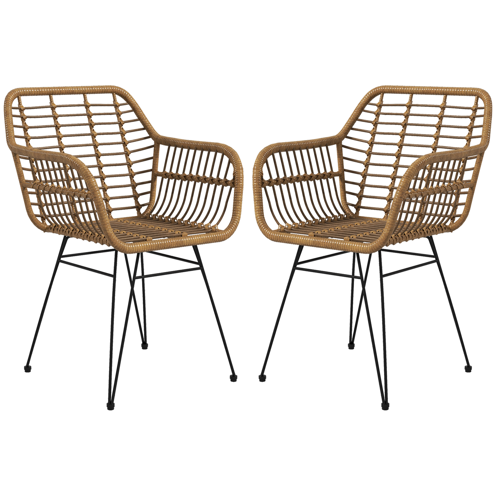 2-er-Set Stühle im Boho-Stil, Küchenstühle, PE-Rattan, 56 x 60 x 79 cm, Natur + Schwarz