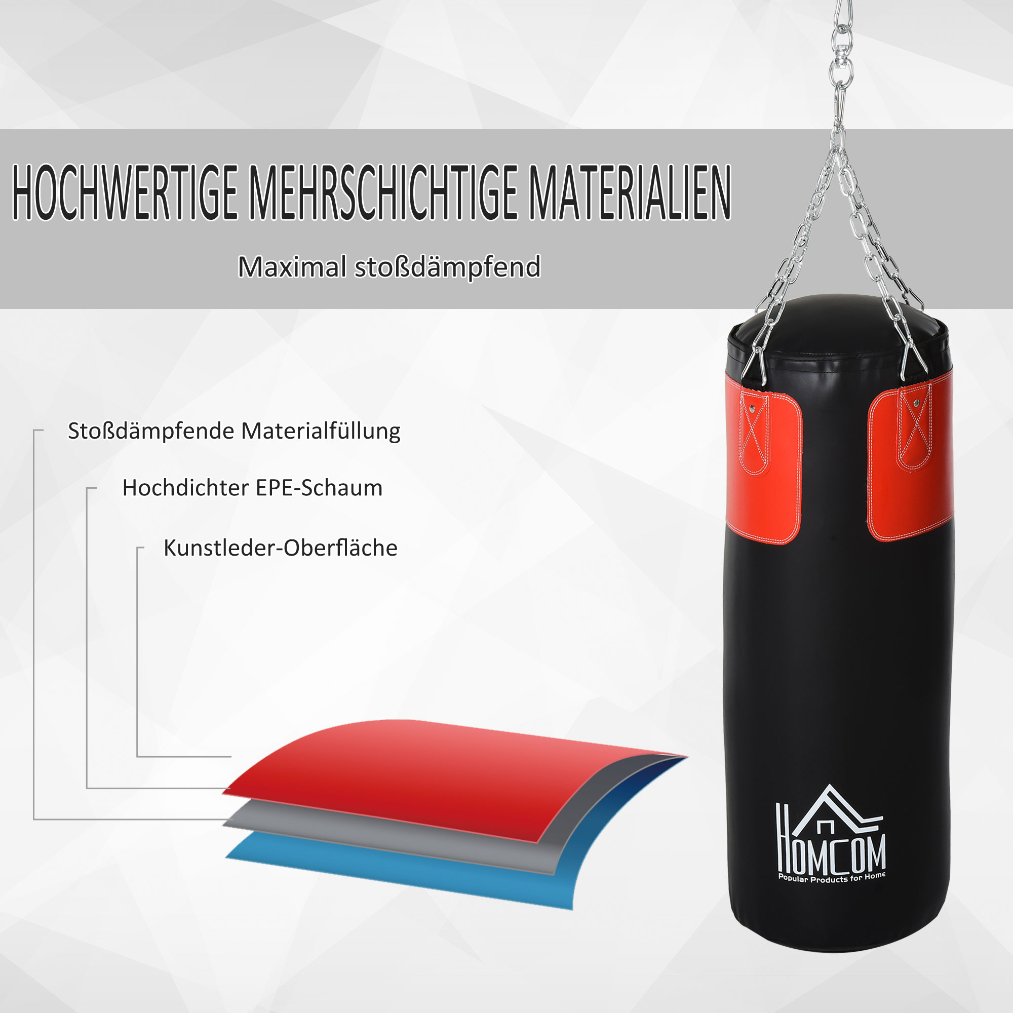 Boxsack-Set Box-Set mit Boxhandschuhen Gefüllt Set für Erwachsene Jugendlichen Hanging Boxing Heavy Bag 16 KG Ø30 x 120 cm Schwarz+Rot