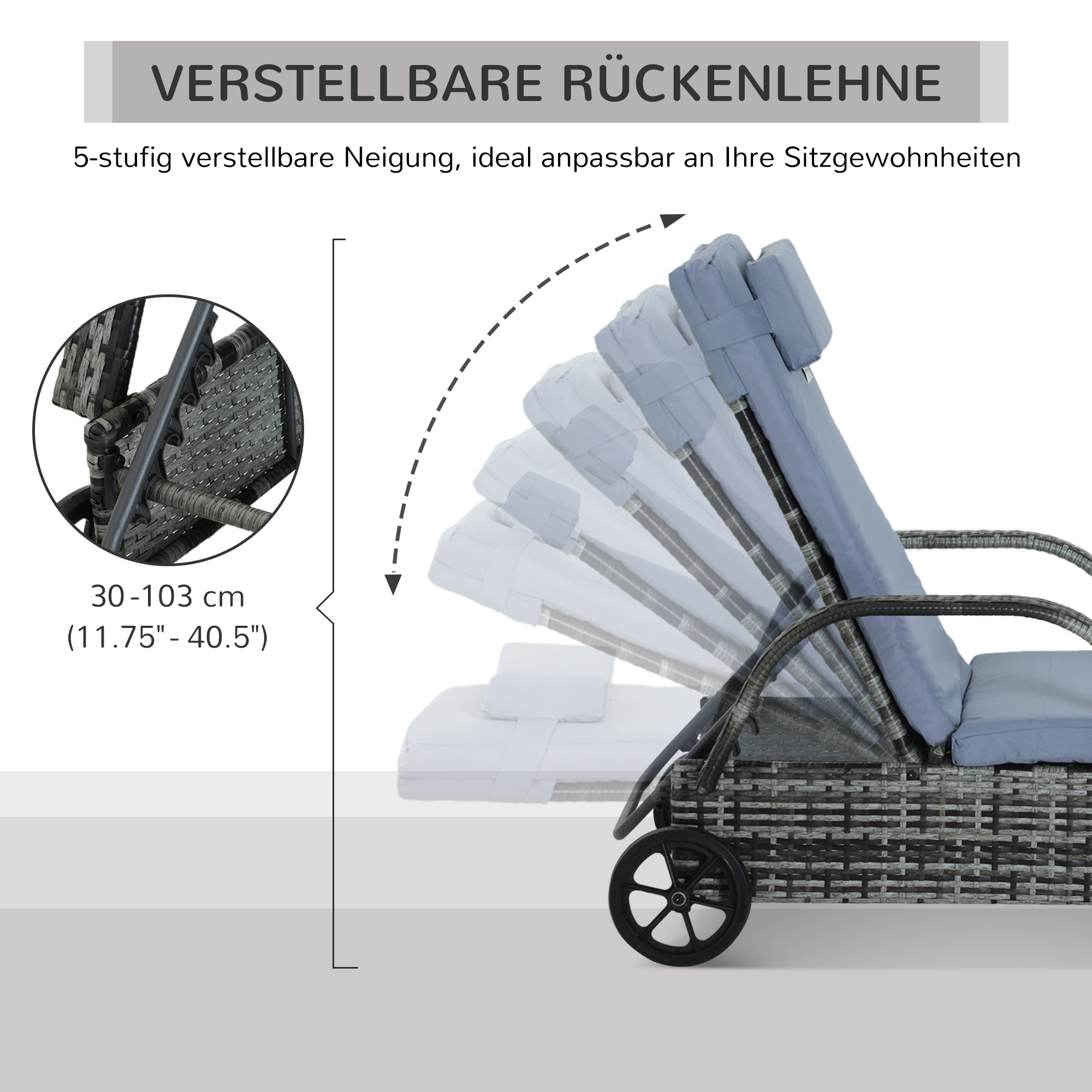 Sonnenliege Polyrattan Gartenliege mit 5-Fach verstellbarer Rücklehne, Polsterauflage, Rollen, Kissen, 160 kg belastbar Relaxliege Liegestuhl für Garten, 200x73x30-103cm, Grau