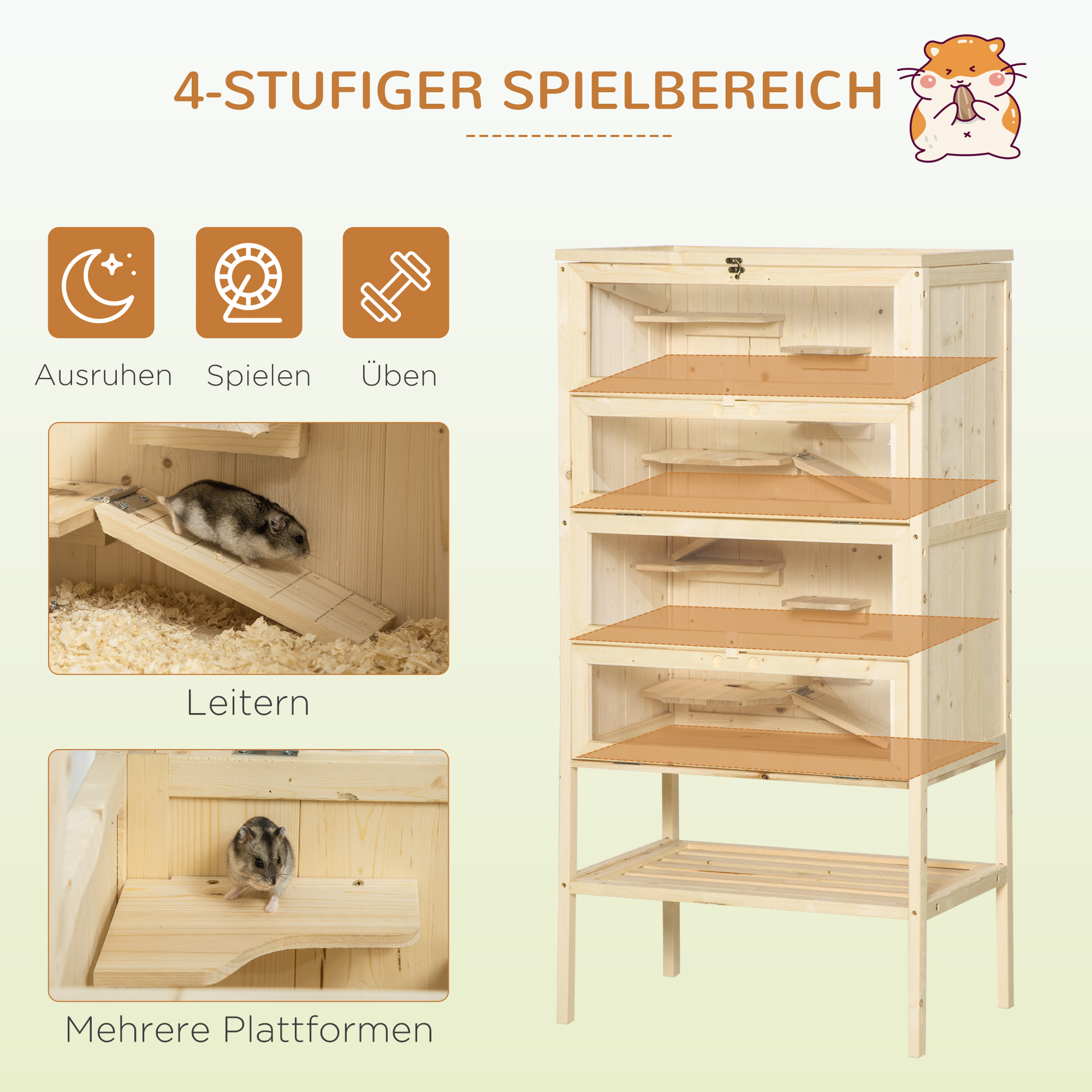 Hamsterkäfig aus Holz 5 Etagen Nagarium Nagerkäfig Kleintierkäfig mit Gitterdach Rampen, Holzkäfig Mäusekäfig groß Käfig für Hamster Zwerghamster 60 x 40 x 120 cm Naturholz