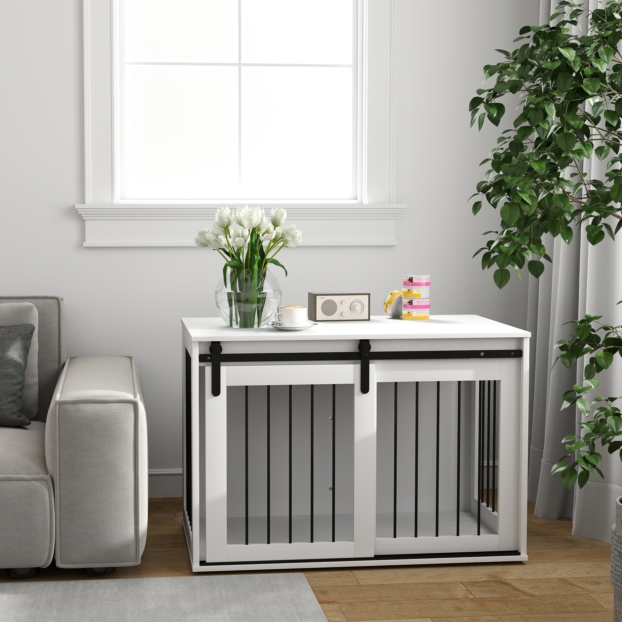 Hundebox mit Schiebetür, Belüftung, Spanplatte und Stahl, 98 x 58 x 61 cm, Walnuss