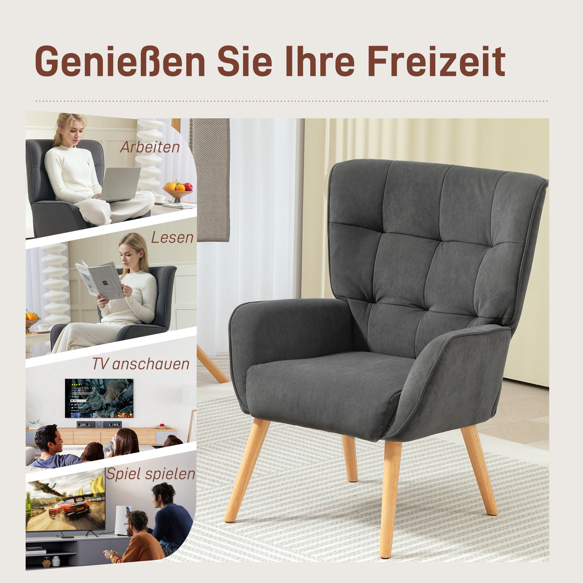 Polstersessel, Wohnzimmersessel mit Steppung, weicher Bezug in Samtoptik, bis 120 kg, Grau