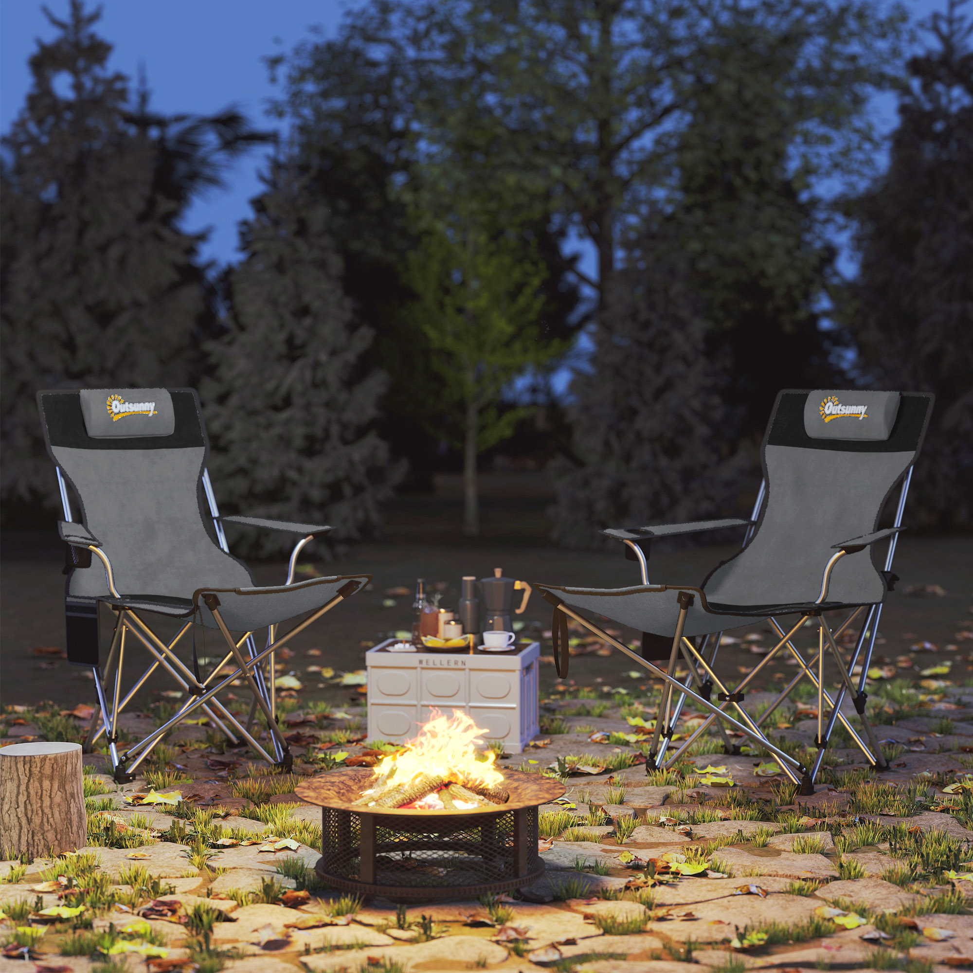 2er Set Campingstuhl faltbar Angelstuhl mit abnehmbar Fußstütze Getränkehalter belastbar 120 kg Grau