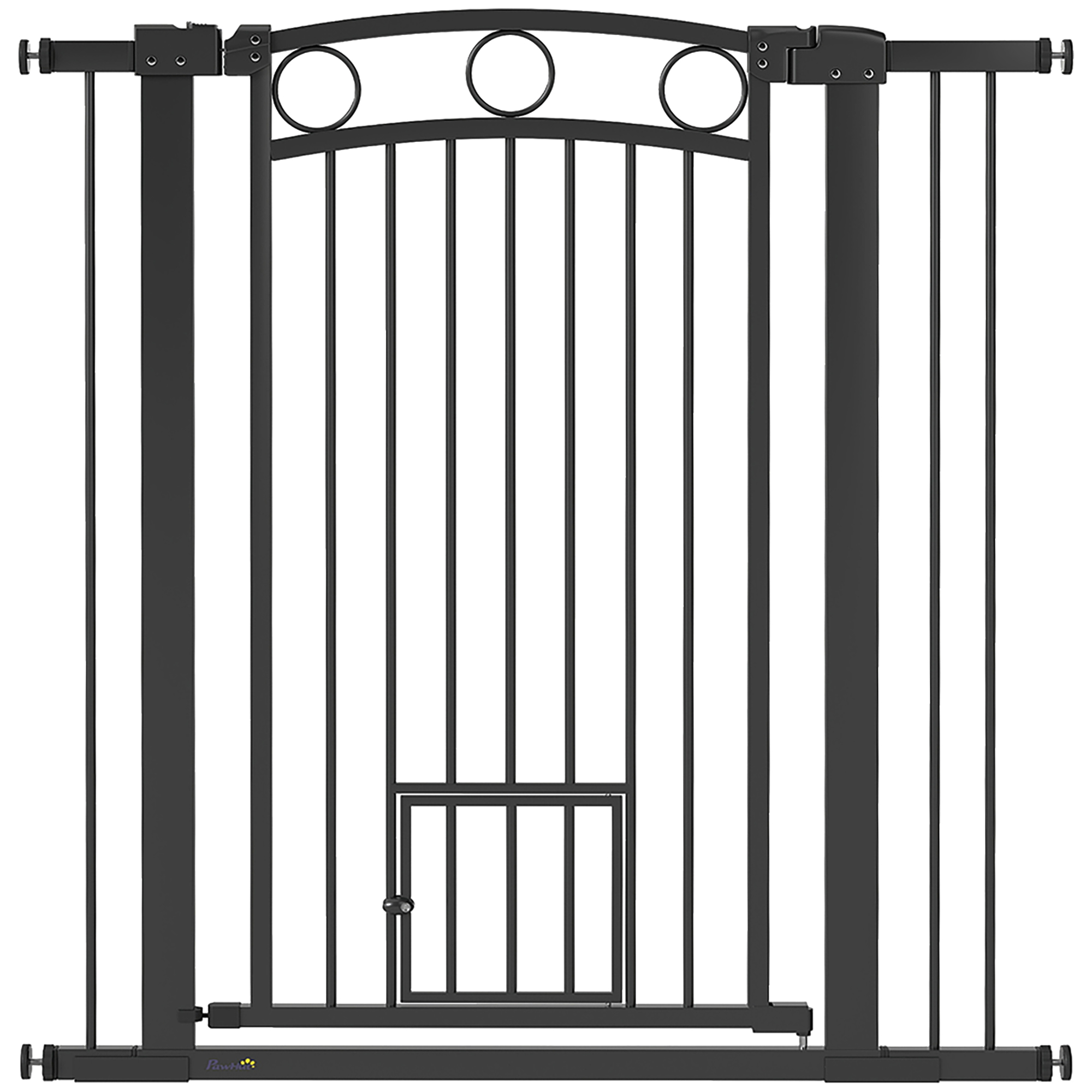 106 cm hohes Haustiergitter mit anpassbarer Breite, integrierte Katzentür, für Treppen und Türrahmen, Schwarz