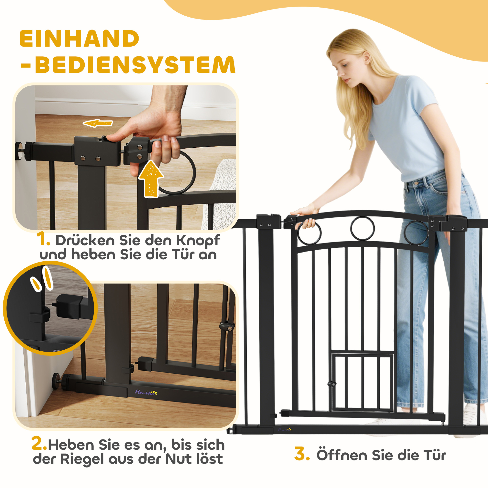 Haustiertor, 77 cm Treppengatter, verstellbare Breite 76-104 cm, mit Katzentür, für Treppen und Türöffnungen, Schwarz