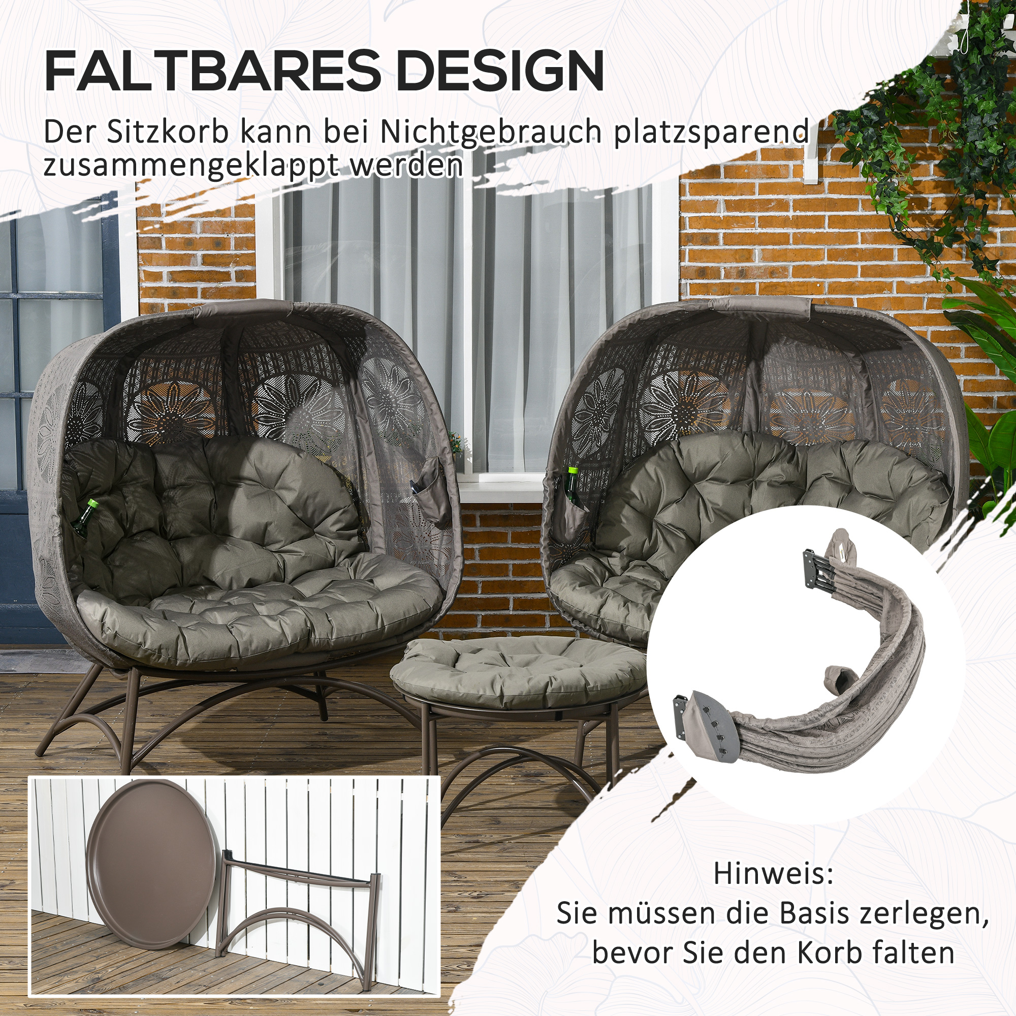 Gartenmöbel-Set, 2 Korbsessel mit Beistelltisch, faltbar, Sitzauflagen, Metallgestell, Farbe: Sand