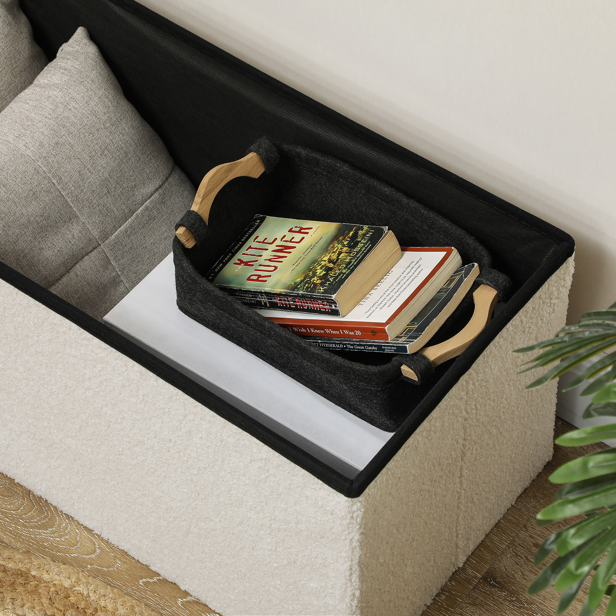 Aufbewahrungshocker, Polsterbank mit Stauraum und Deckel für Wohnzimmer, Schlafzimmer, Flur, Cremeweiß